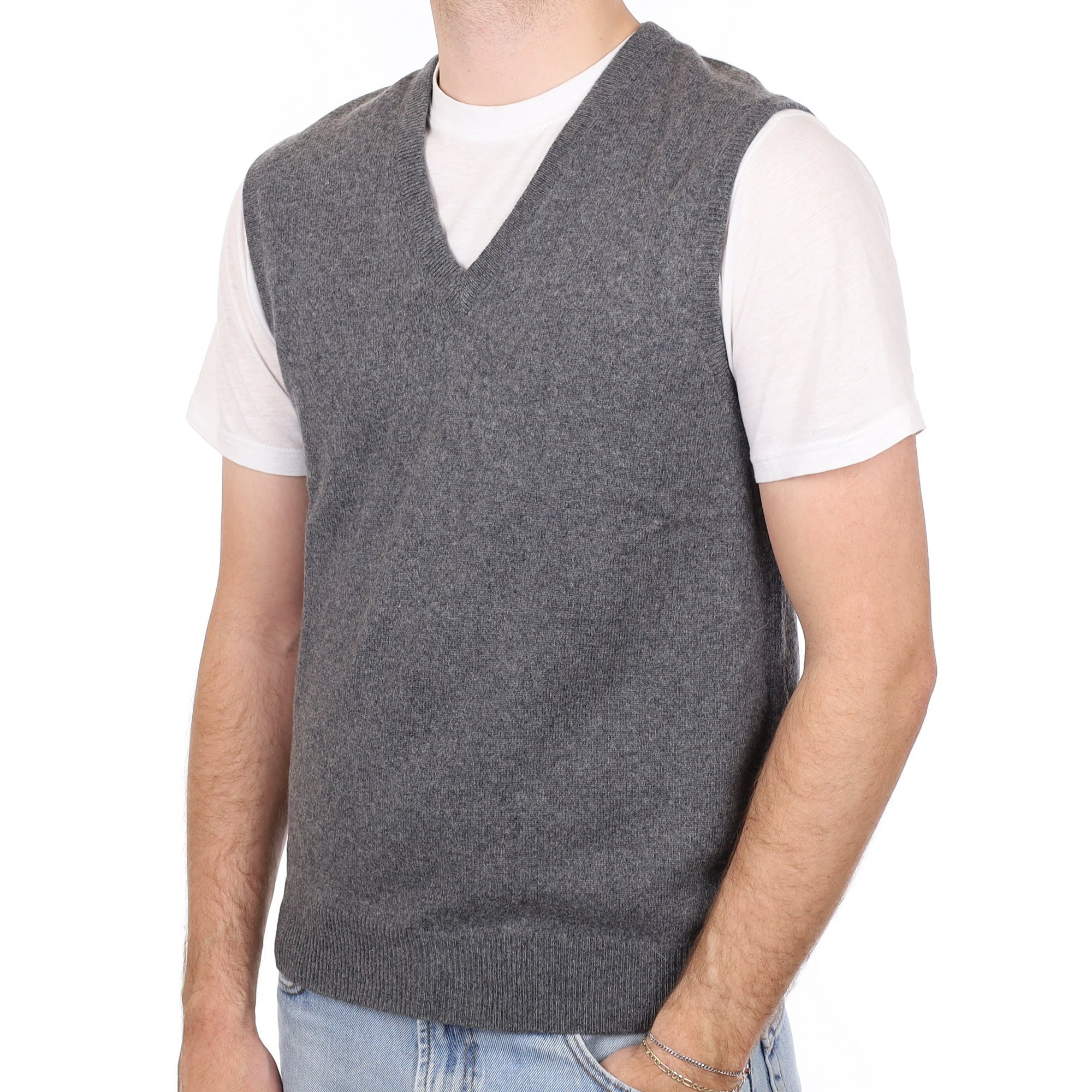 Men's Slate Grey Cashmere V Neck Tank Top Medium