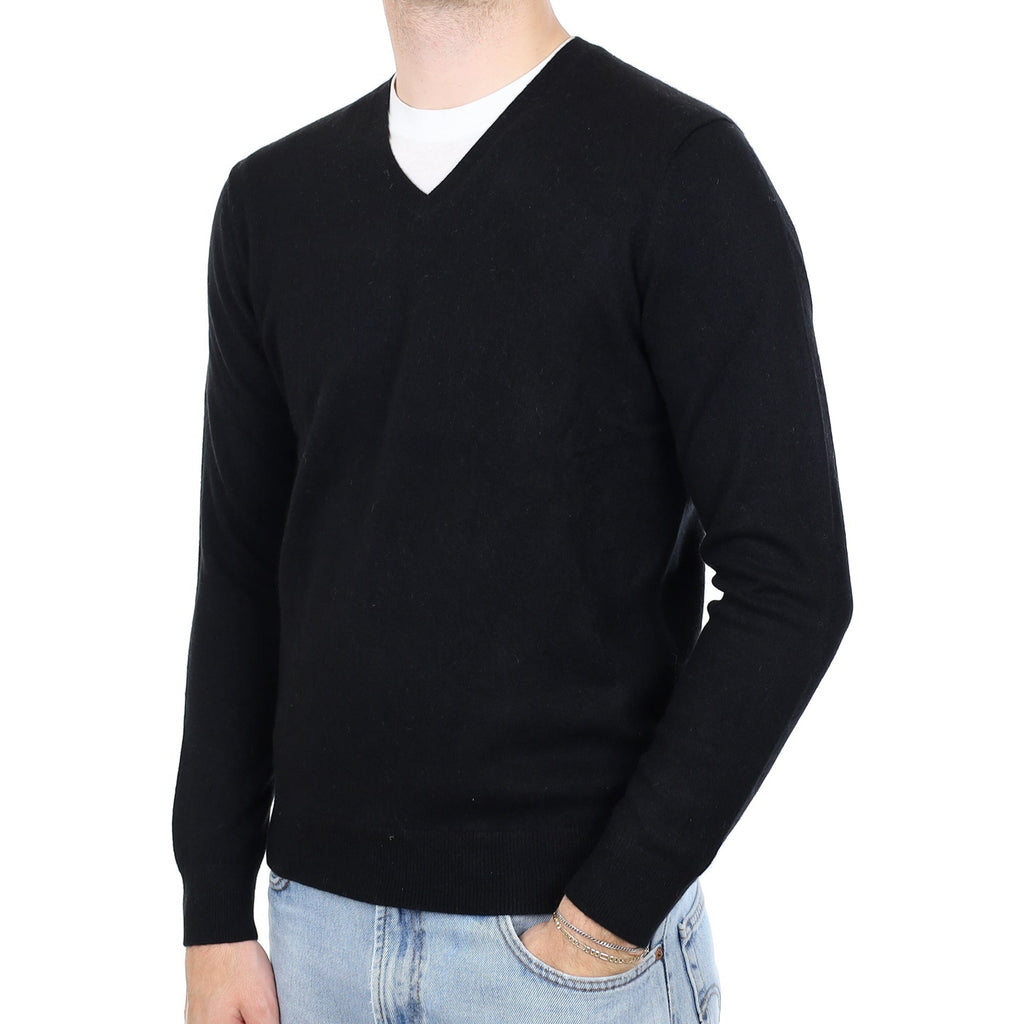 Men's Black Cashmere V Neck Jumper Medium