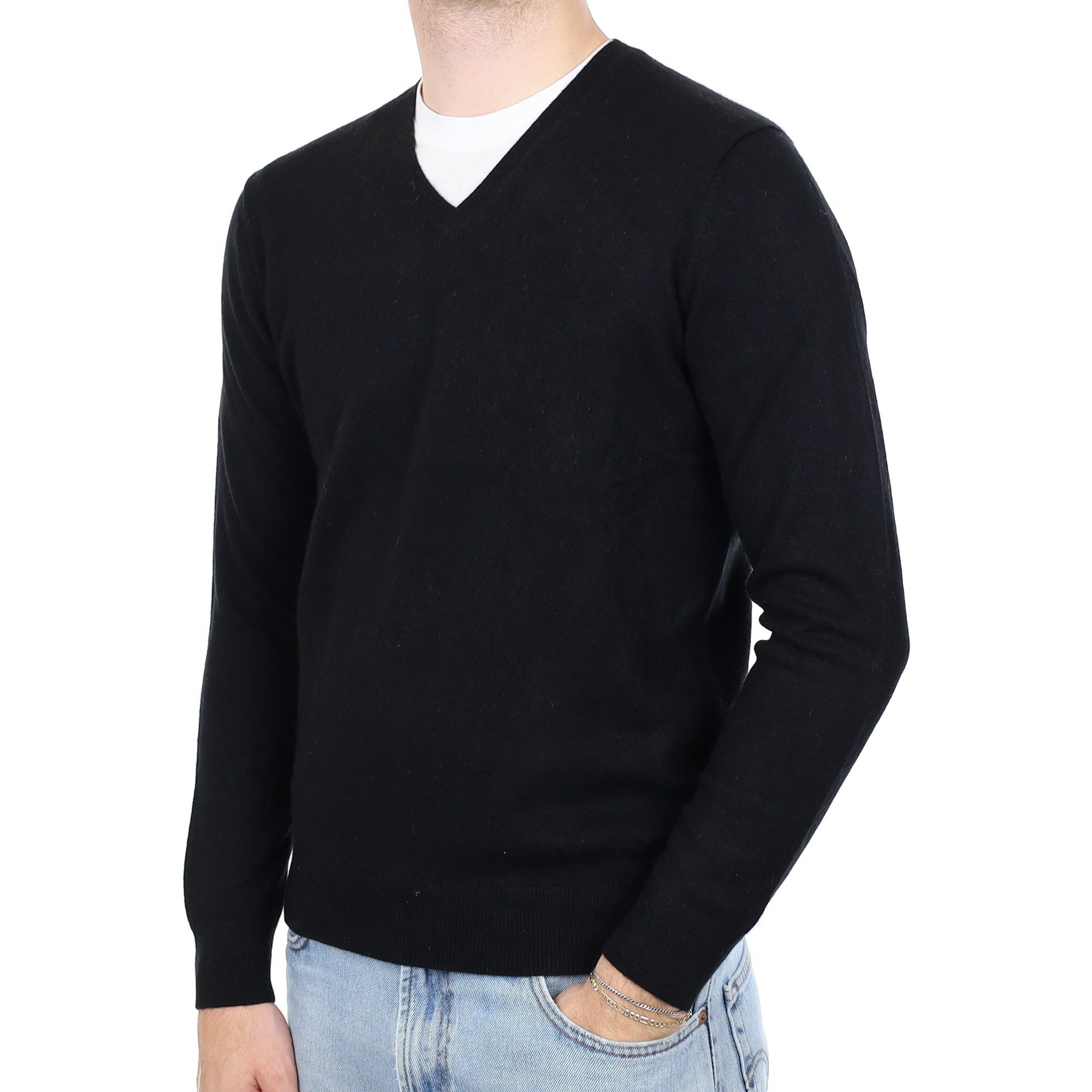 Men's Black Cashmere V Neck Jumper Medium