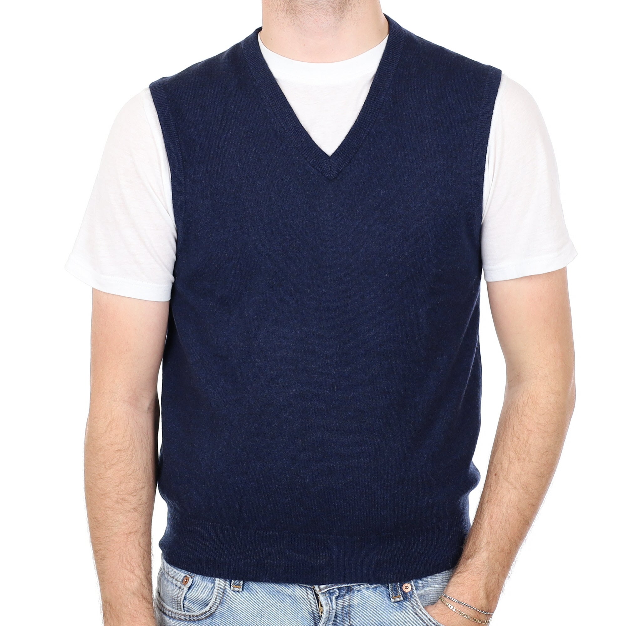 Men's Midnight Blue Cashmere V Neck Tank Top Medium