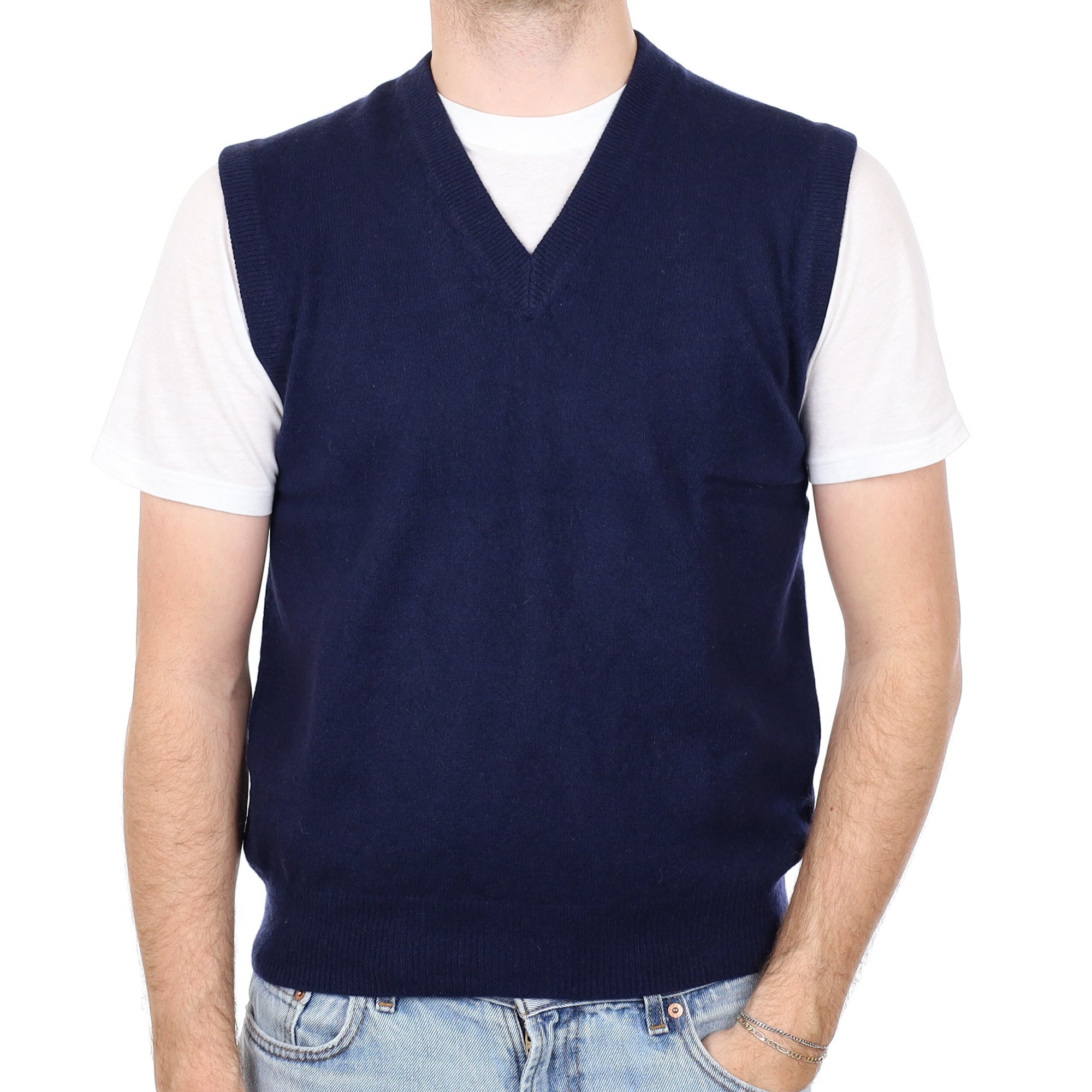 Men's Navy Cashmere V Neck Tank Top Medium