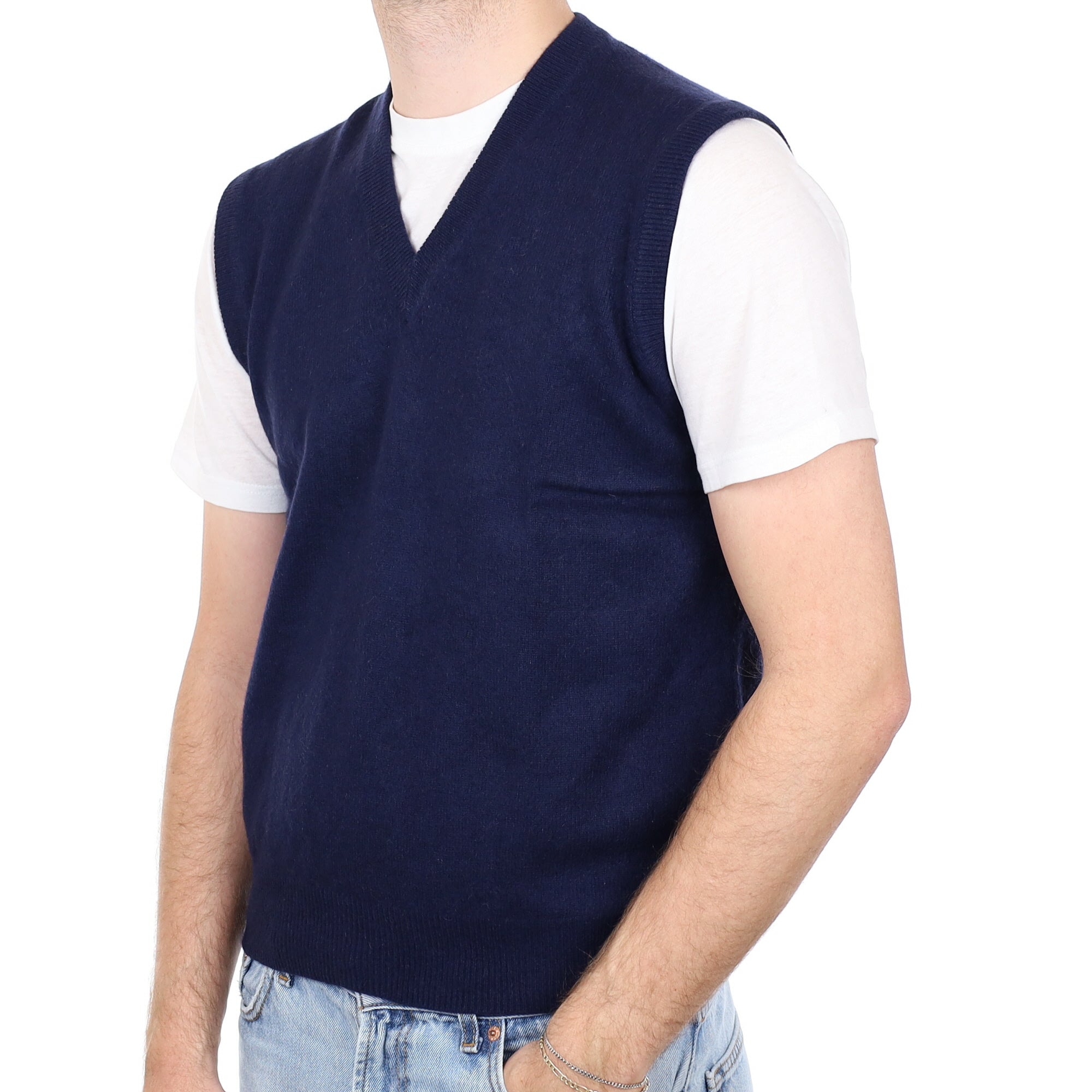 Men's Navy Cashmere V Neck Tank Top Medium