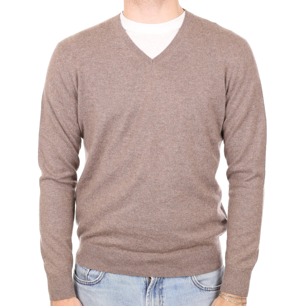 Men's Mink Brown Cashmere V Neck Jumper Medium