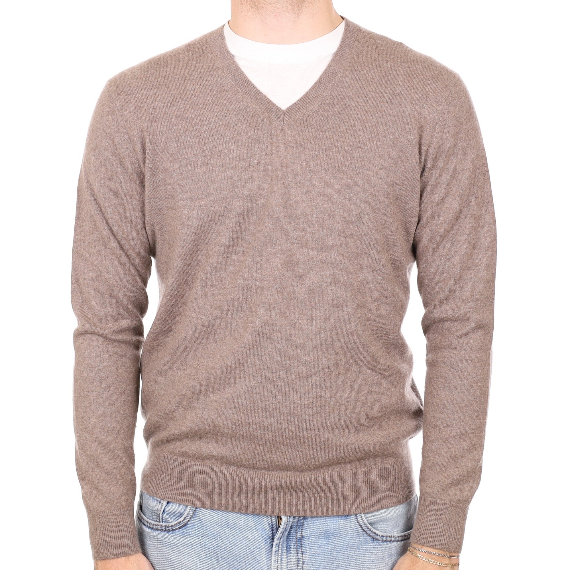 Men's Mink Brown Cashmere V Neck Jumper Medium