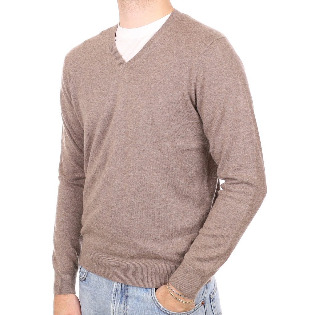 Men's Mink Brown Cashmere V Neck Jumper Medium