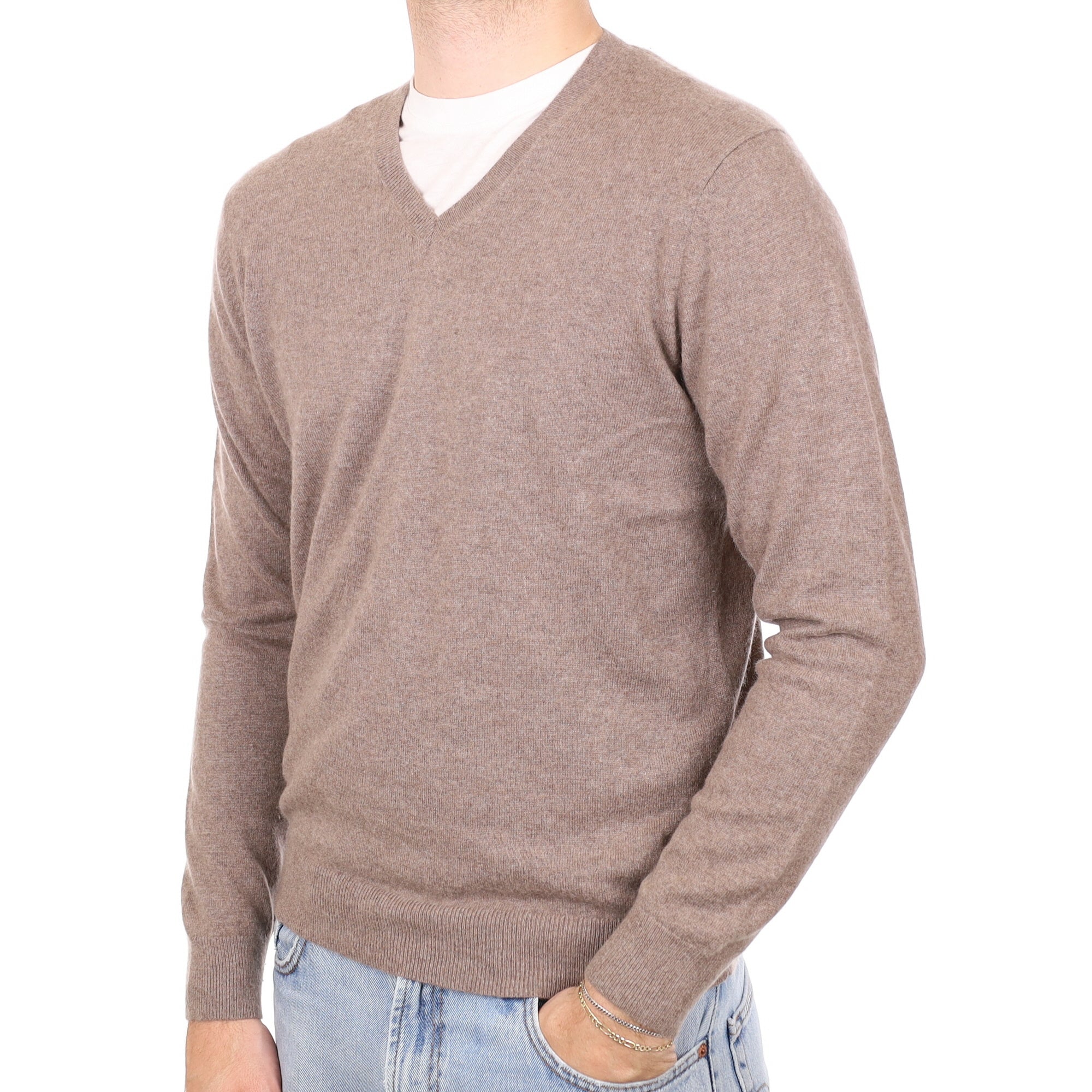 Men's Mink Brown Cashmere V Neck Jumper Medium