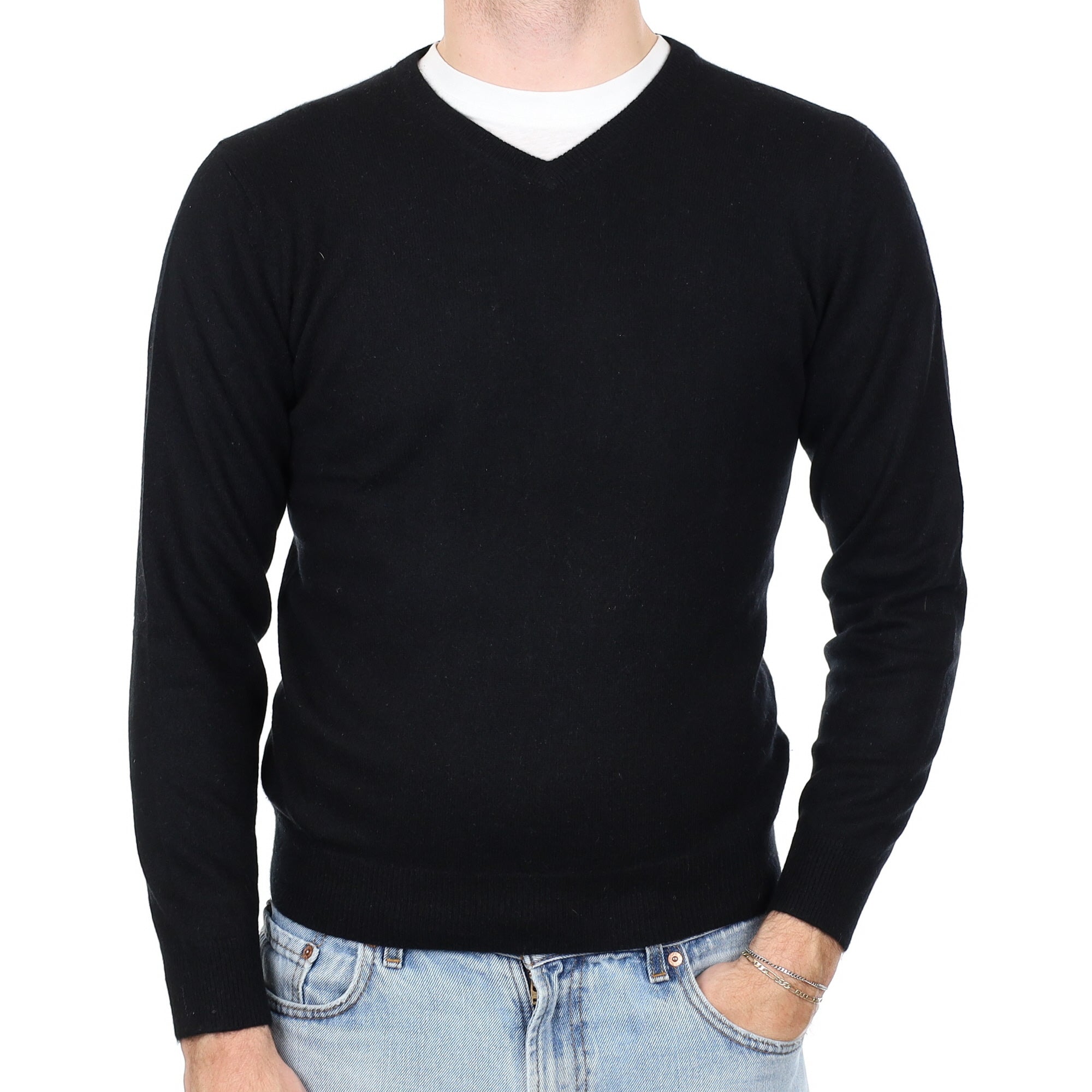 Men's Black Cashmere V Neck Jumper Medium