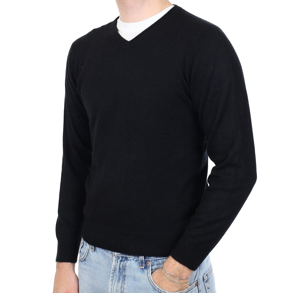 Men's Black Cashmere V Neck Jumper Medium