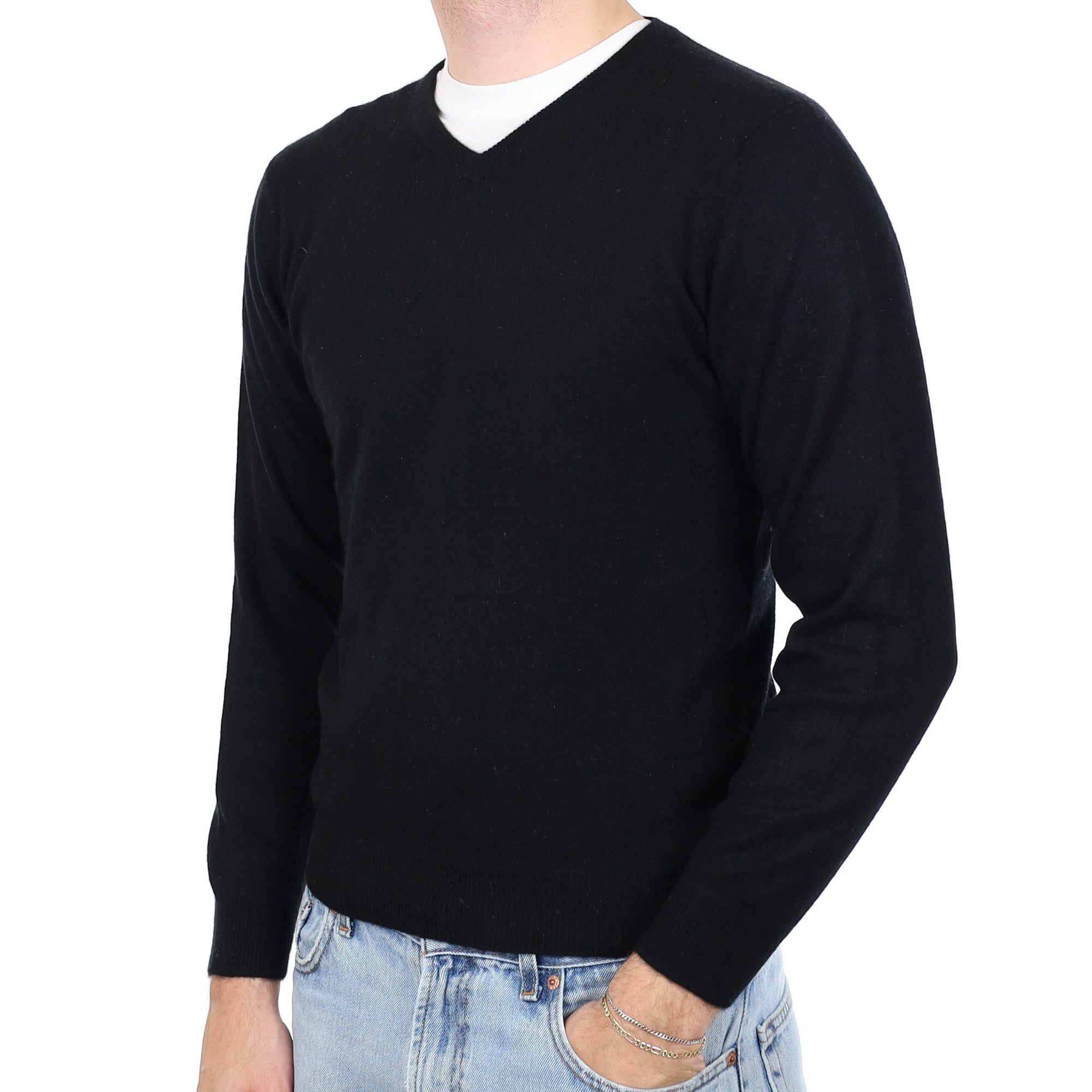 Men's Black Cashmere V Neck Jumper Medium