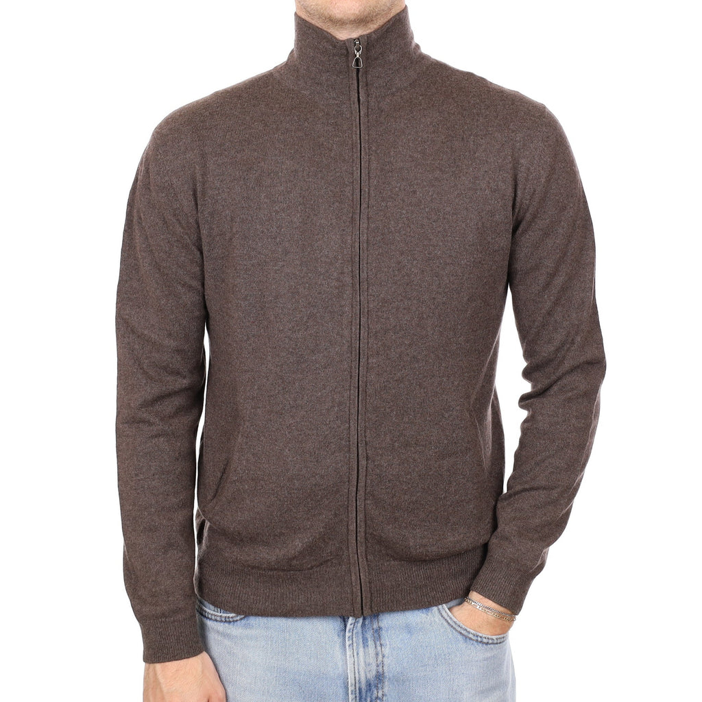 Men's Mole Brown Cashmere Zip Up Turtle Neck Cardigan with Pockets Medium