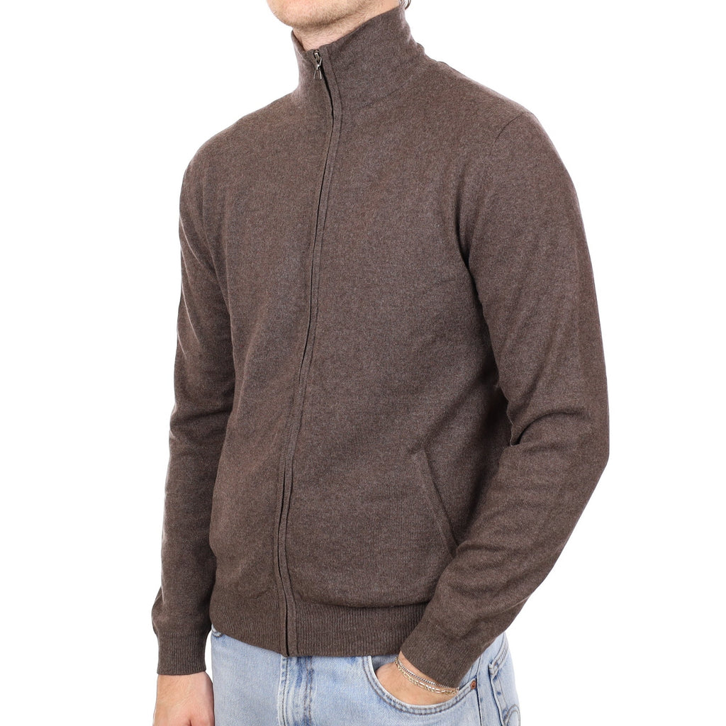 Men's Mole Brown Cashmere Zip Up Turtle Neck Cardigan with Pockets Medium