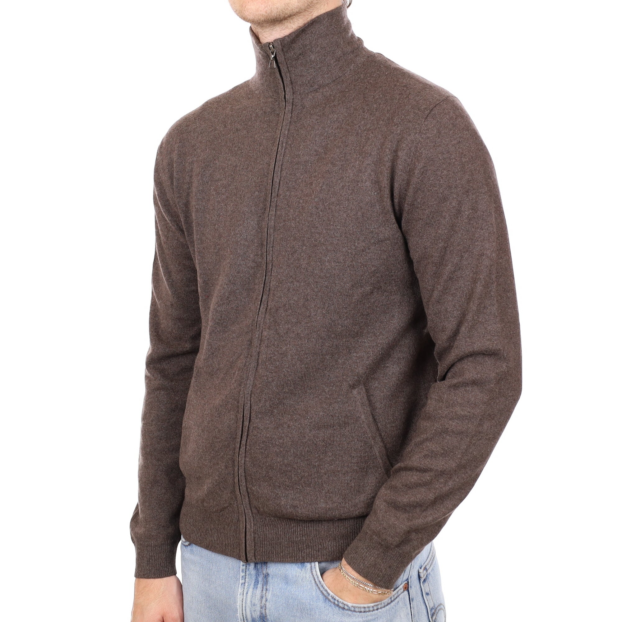 Men's Mole Brown Cashmere Zip Up Turtle Neck Cardigan with Pockets Medium