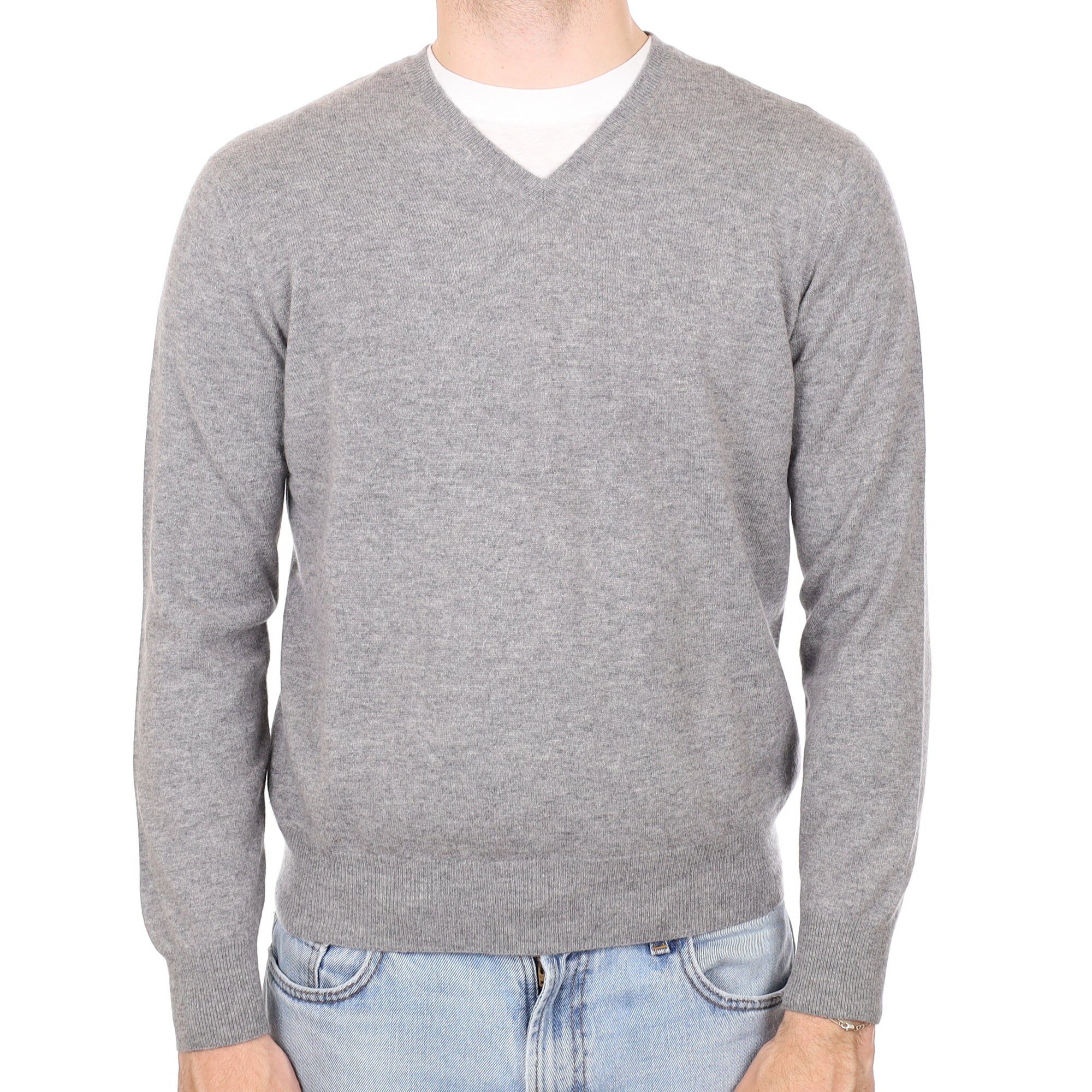 Men's Italian Ash Grey Cashmere V Neck Jumper Medium
