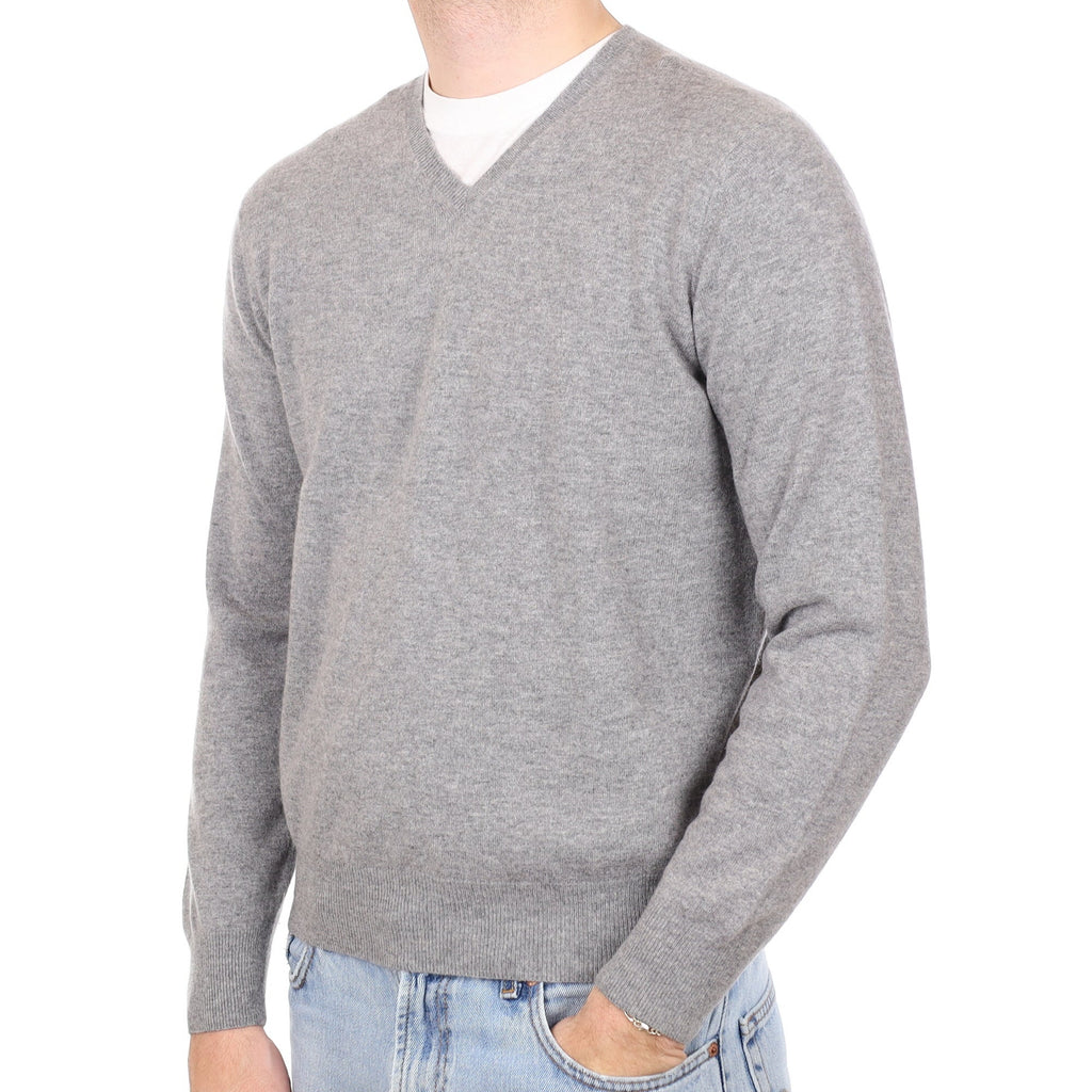 Men's Italian Ash Grey Cashmere V Neck Jumper Medium