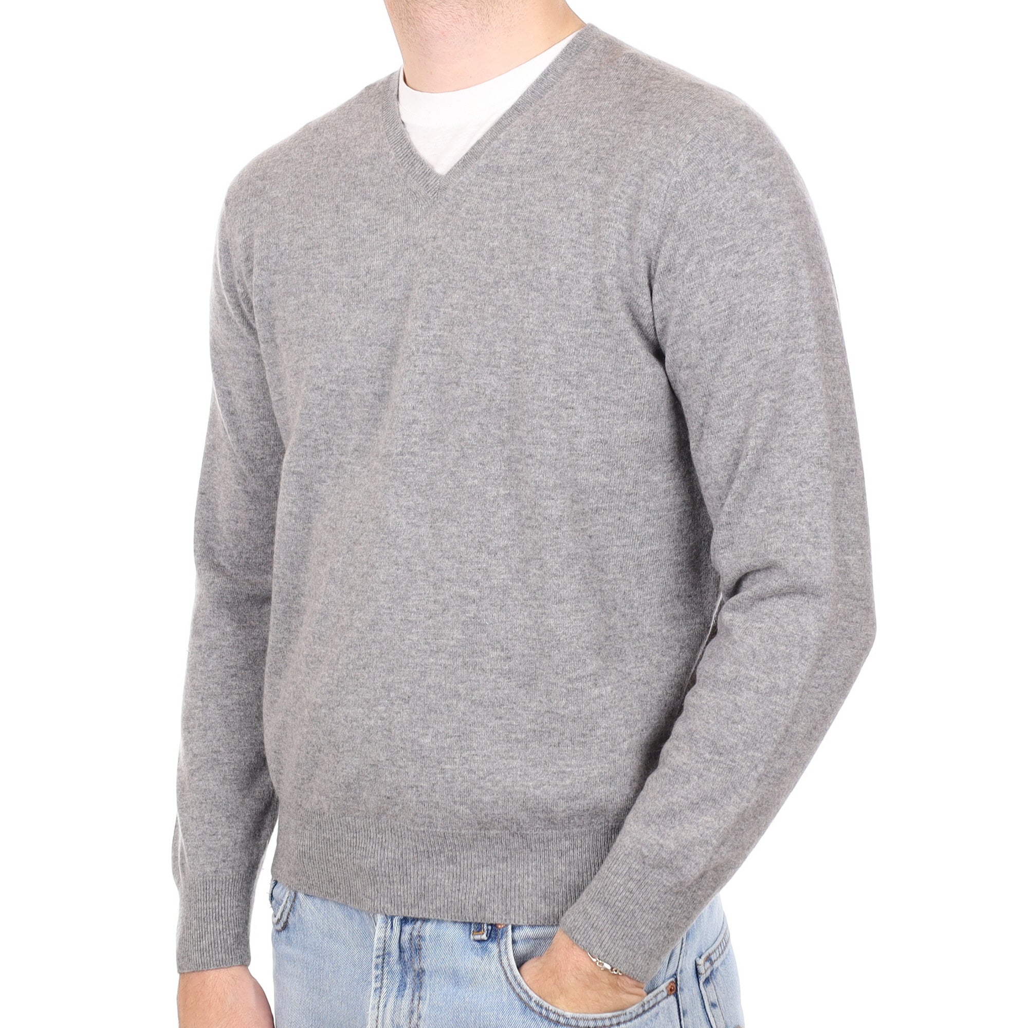 Men's Italian Ash Grey Cashmere V Neck Jumper Medium