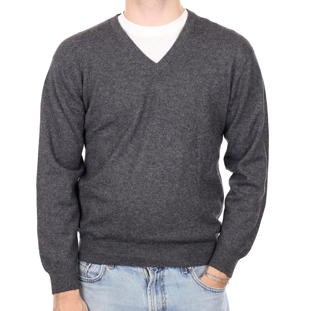 Men's Charcoal Grey Cashmere V Neck Jumper Medium