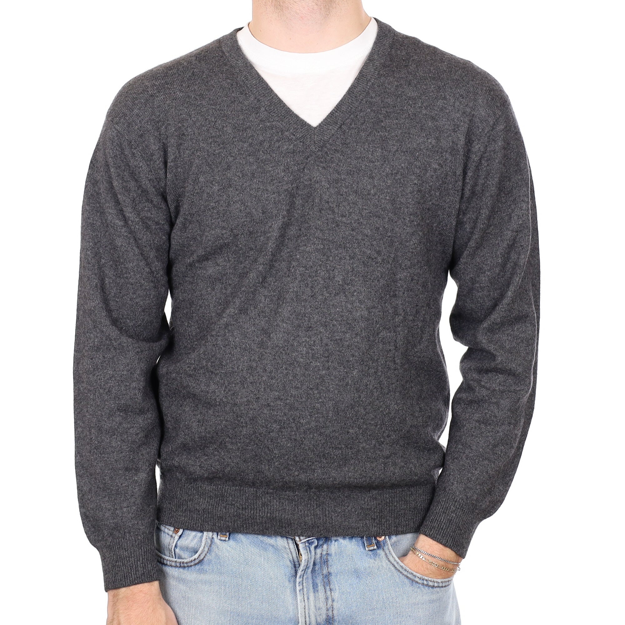 Men's Charcoal Grey Cashmere V Neck Jumper Medium