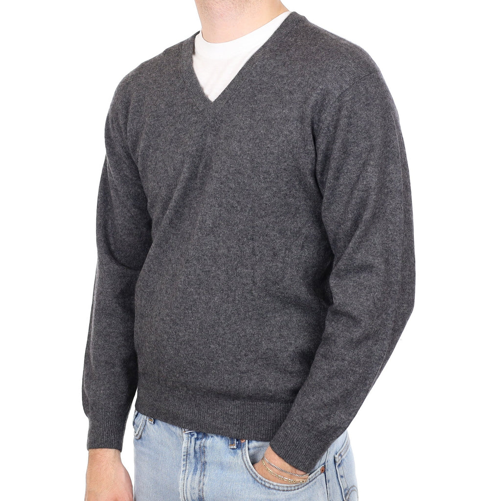 Men's Charcoal Grey Cashmere V Neck Jumper Medium