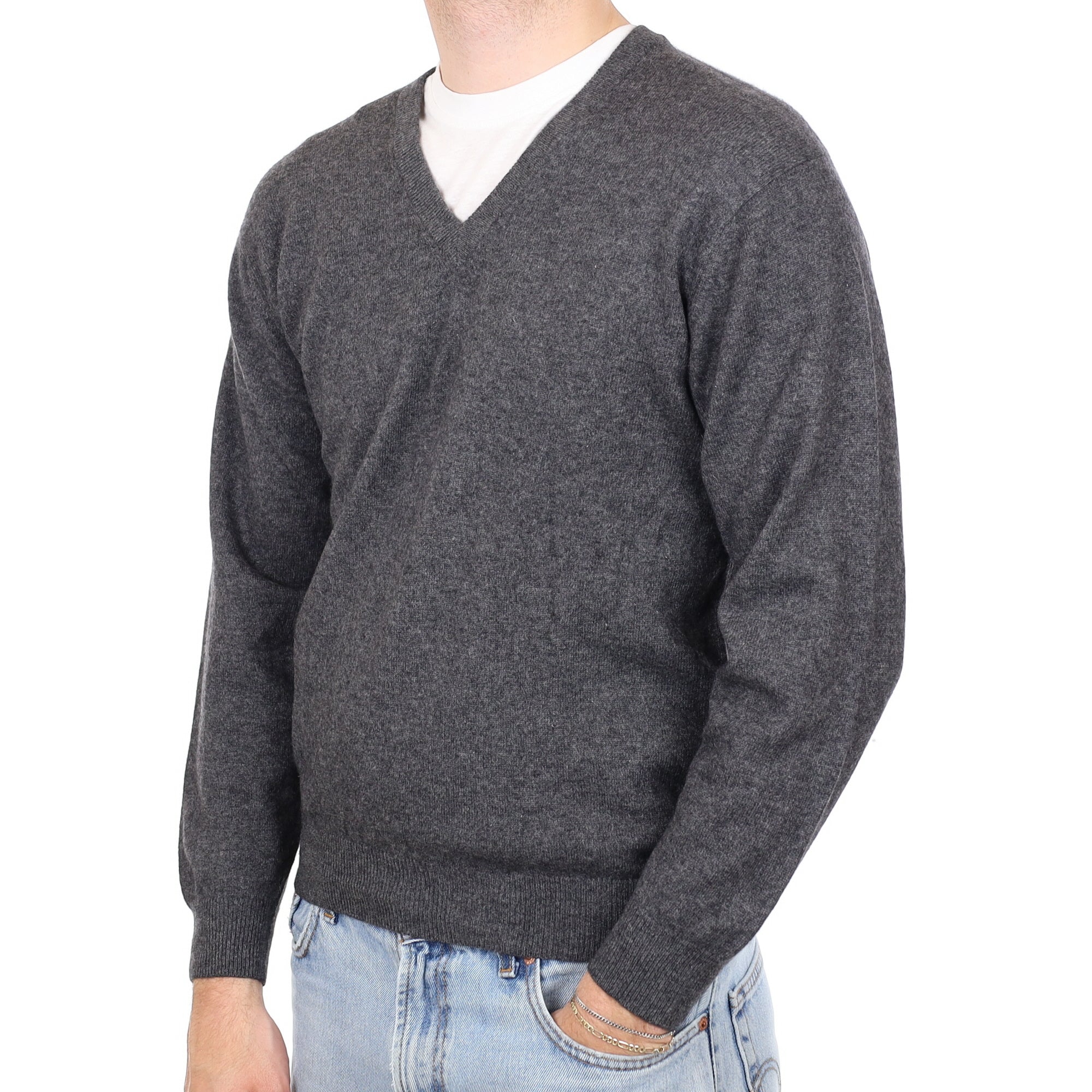 Men's Charcoal Grey Cashmere V Neck Jumper Medium