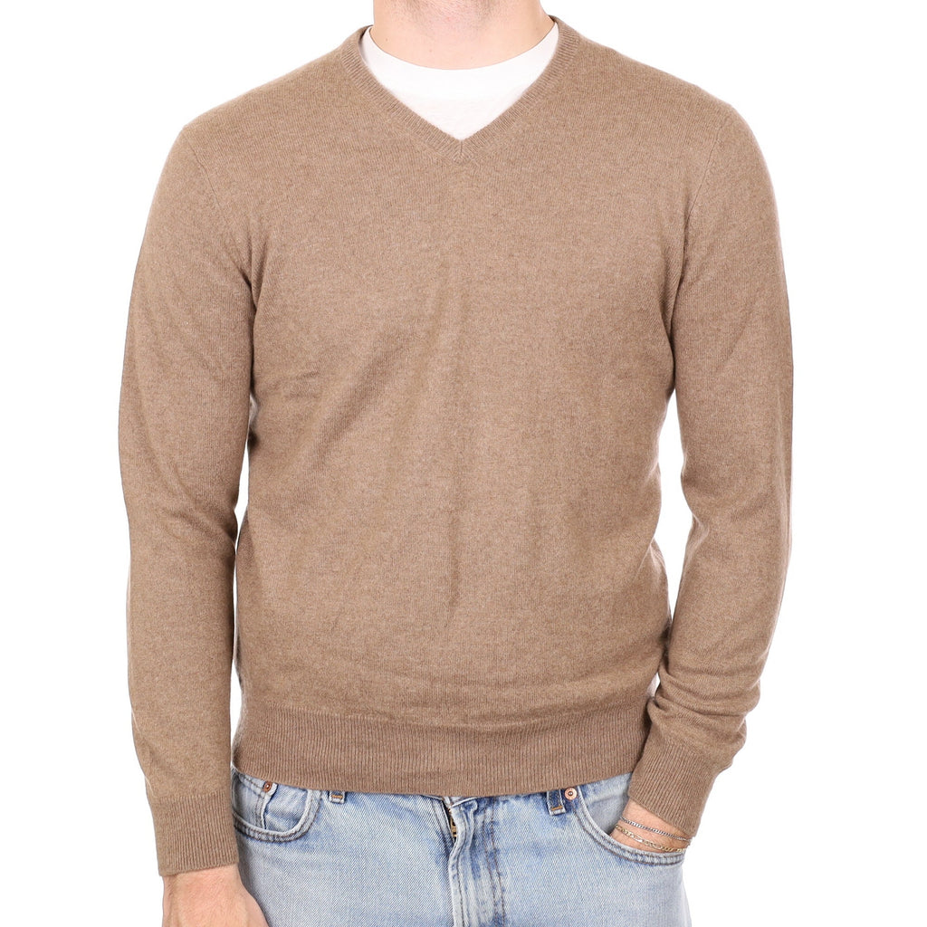 Men's Fudge Brown Cashmere V Neck Jumper Medium