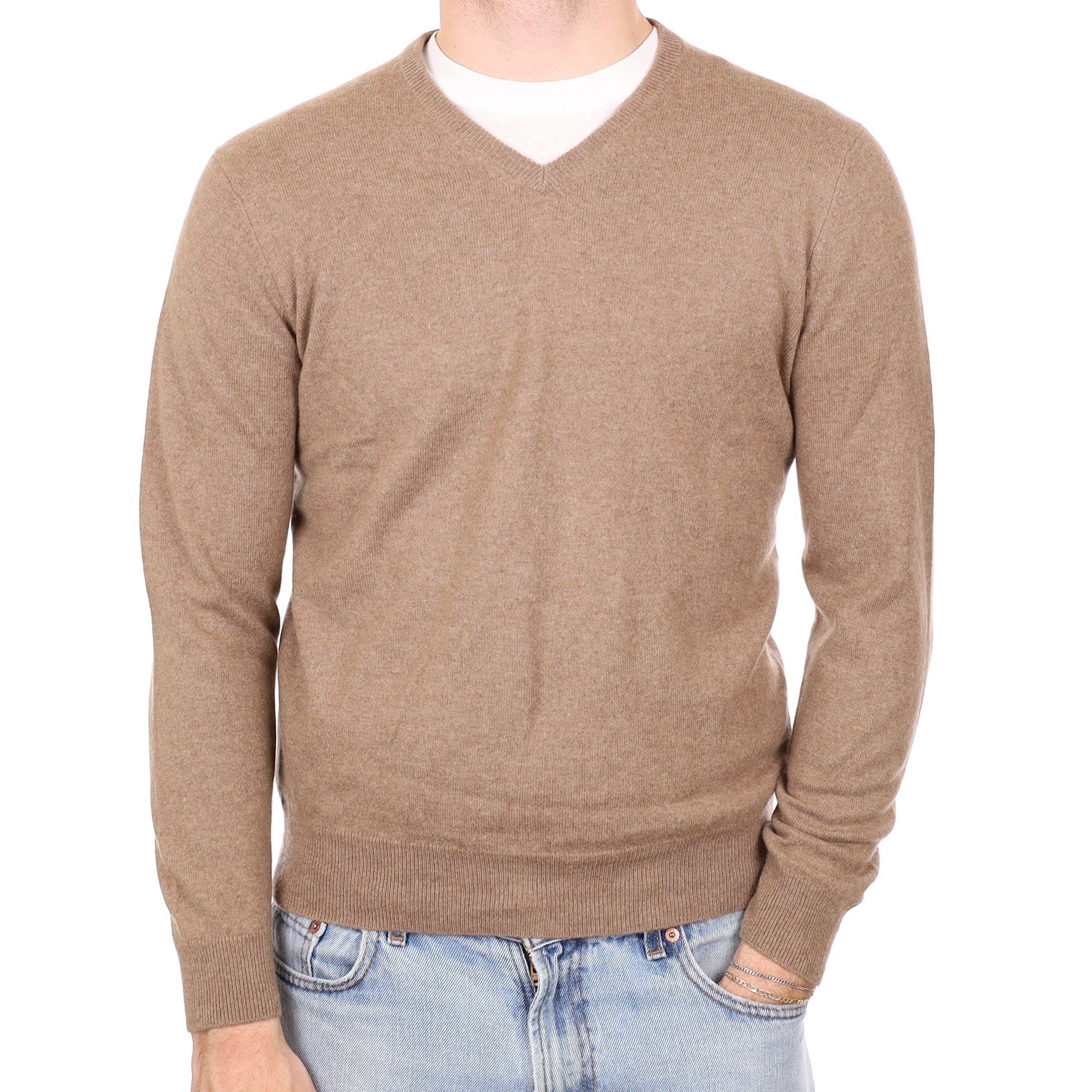 Men's Fudge Brown Cashmere V Neck Jumper Medium