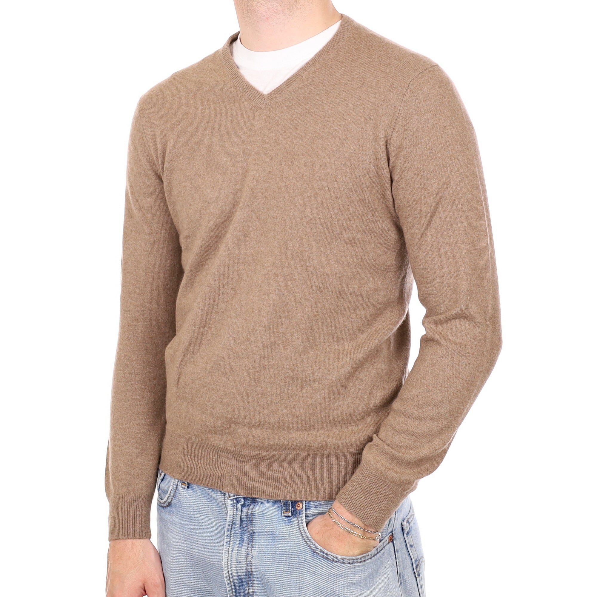 Men's Fudge Brown Cashmere V Neck Jumper Medium
