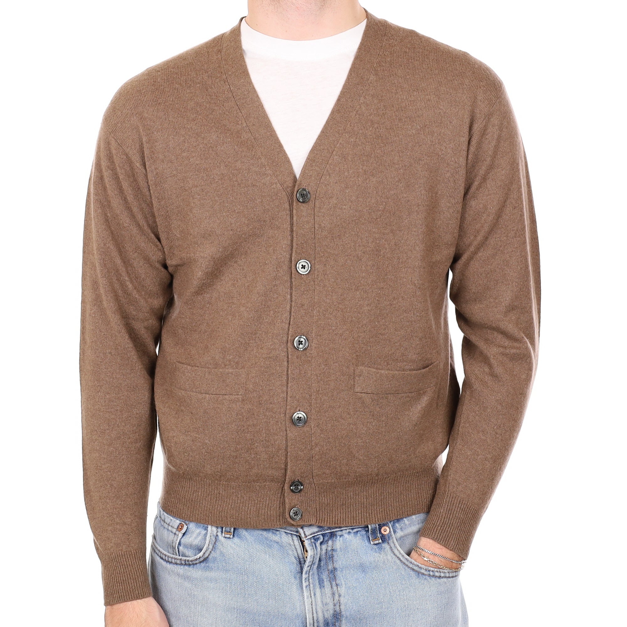 Men's Pecan  Brown Cashmere V Neck Cardigan Medium
