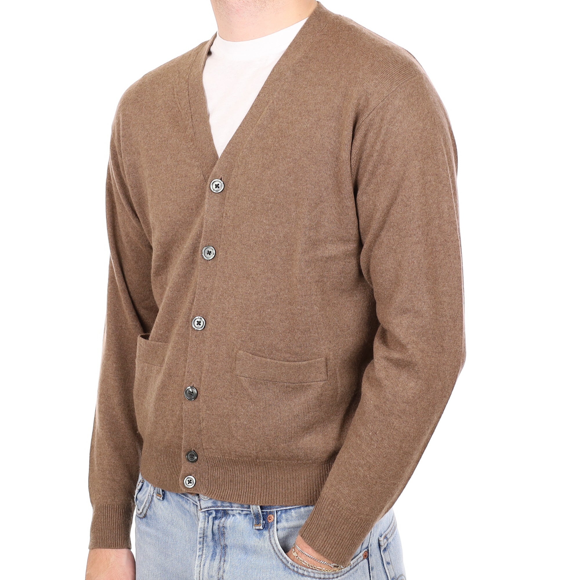 Men's Pecan  Brown Cashmere V Neck Cardigan Medium