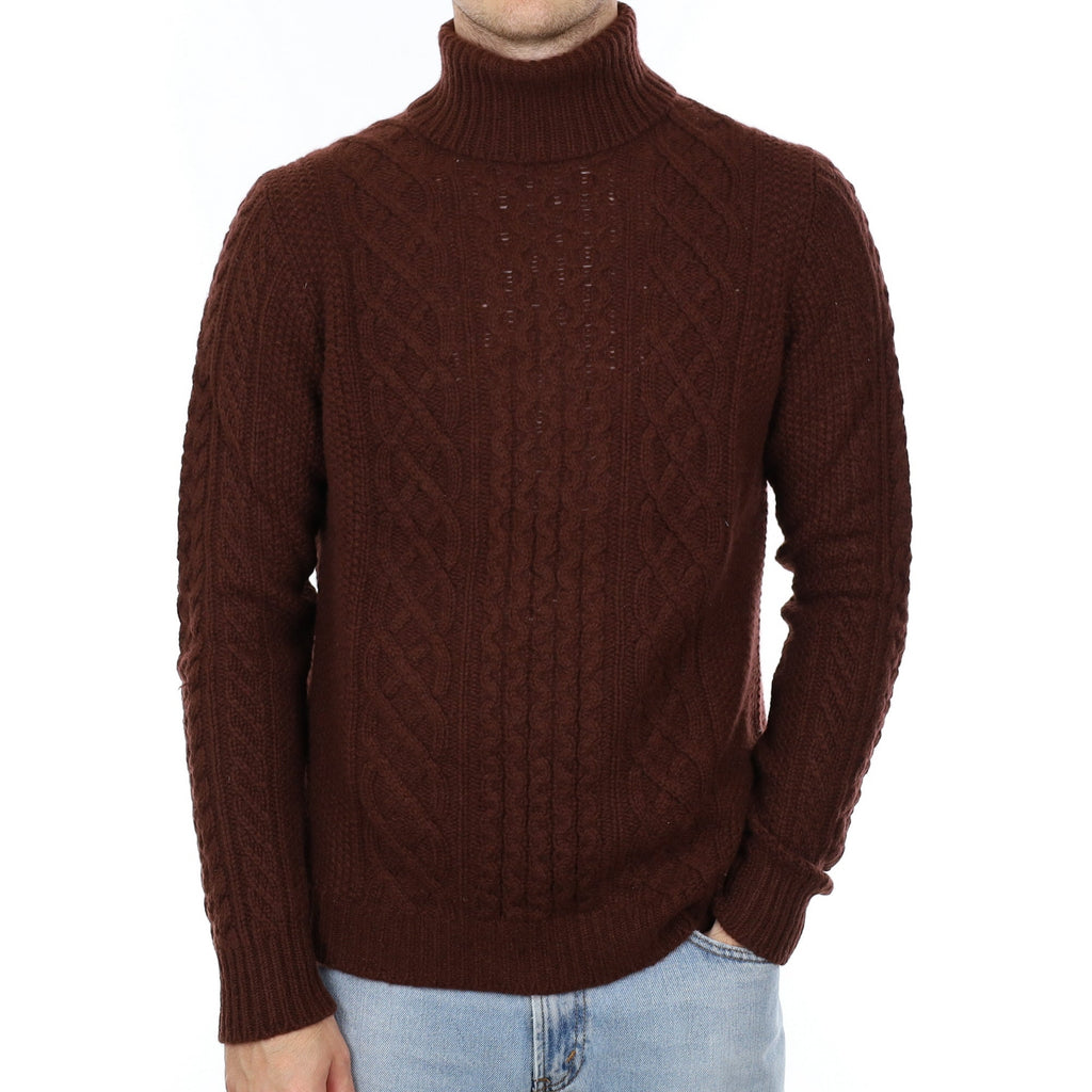 Men's Maroon Brown Chunky Knit Cashmere Polo Neck Jumper Medium