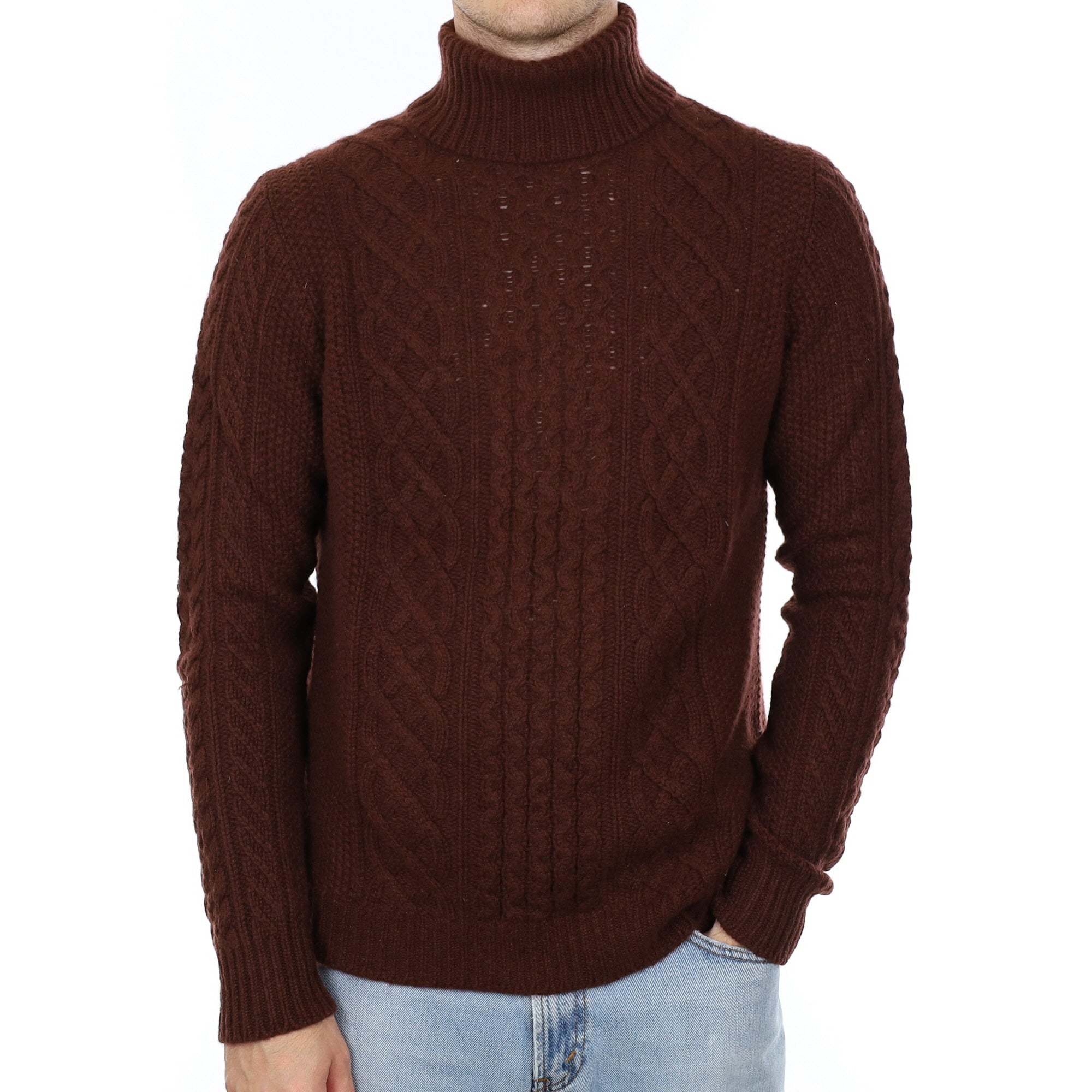 Men's Maroon Brown Chunky Knit Cashmere Polo Neck Jumper Medium