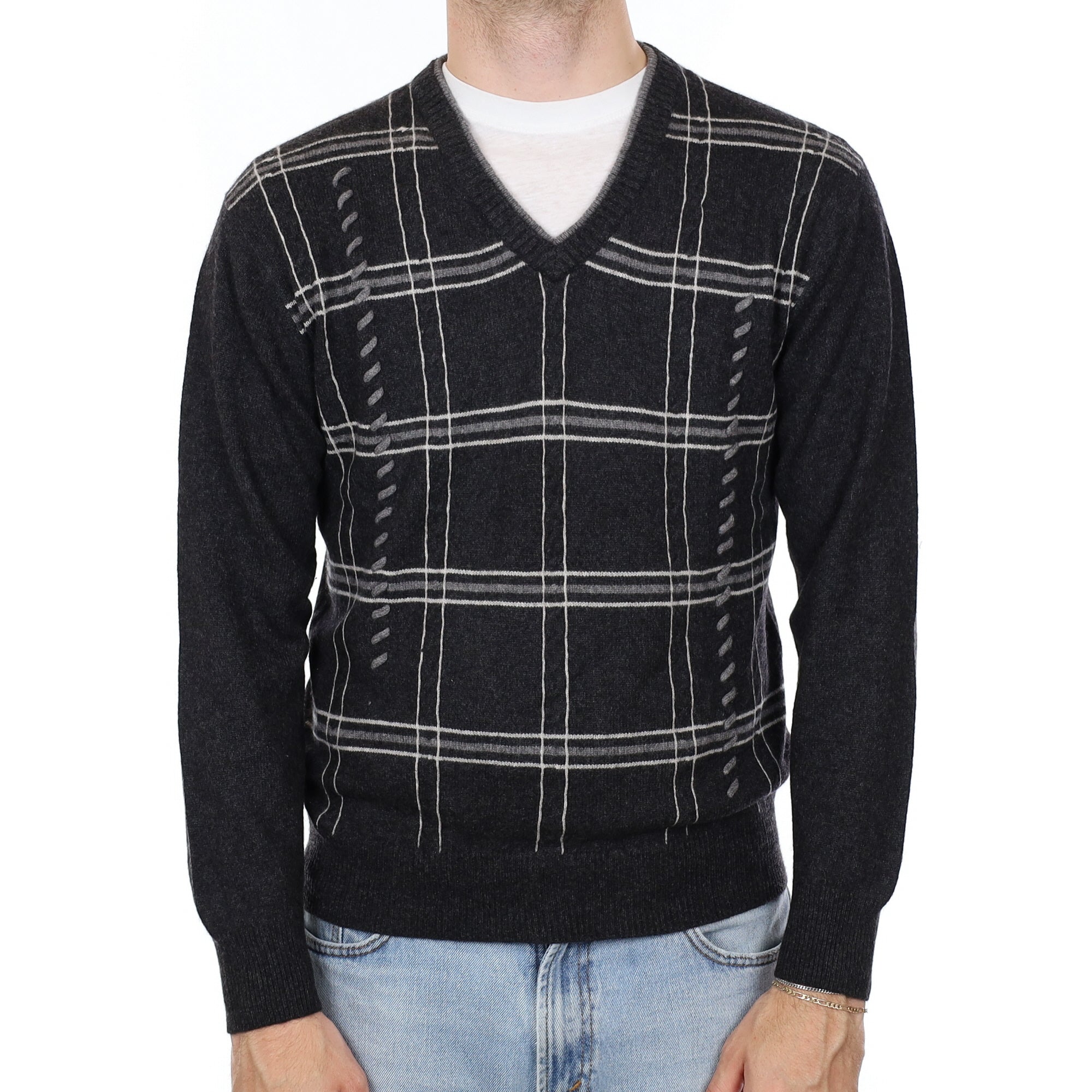 Charcoal Grey Patterned Men's Cashmere V Neck Jumper Medium
