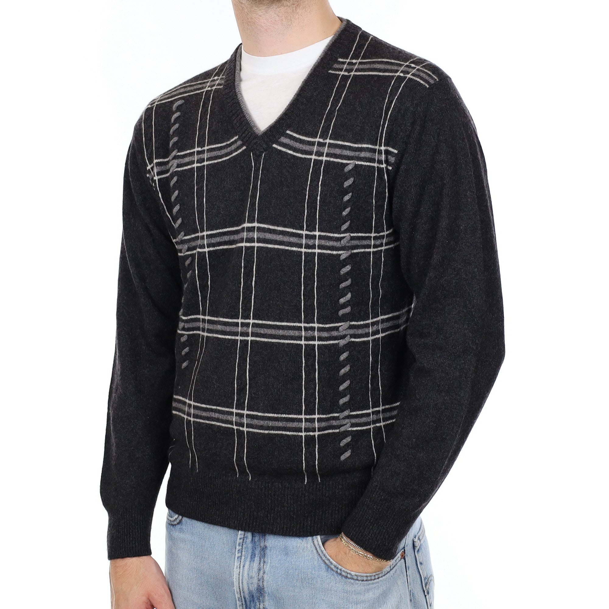 Charcoal Grey Patterned Men's Cashmere V Neck Jumper Medium