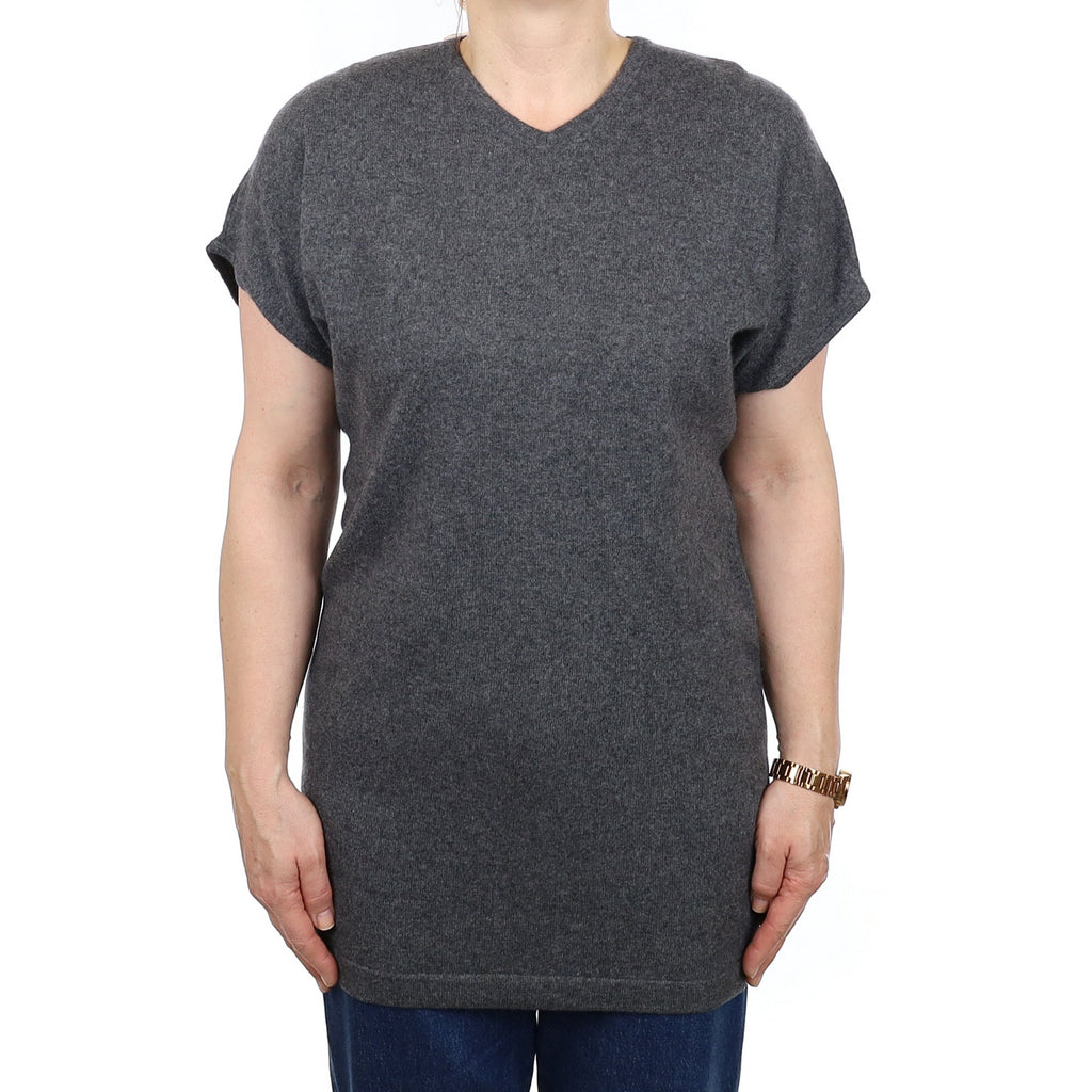 Slate Grey Cashmere Short Sleeve Batwing V Neck Tunic Medium