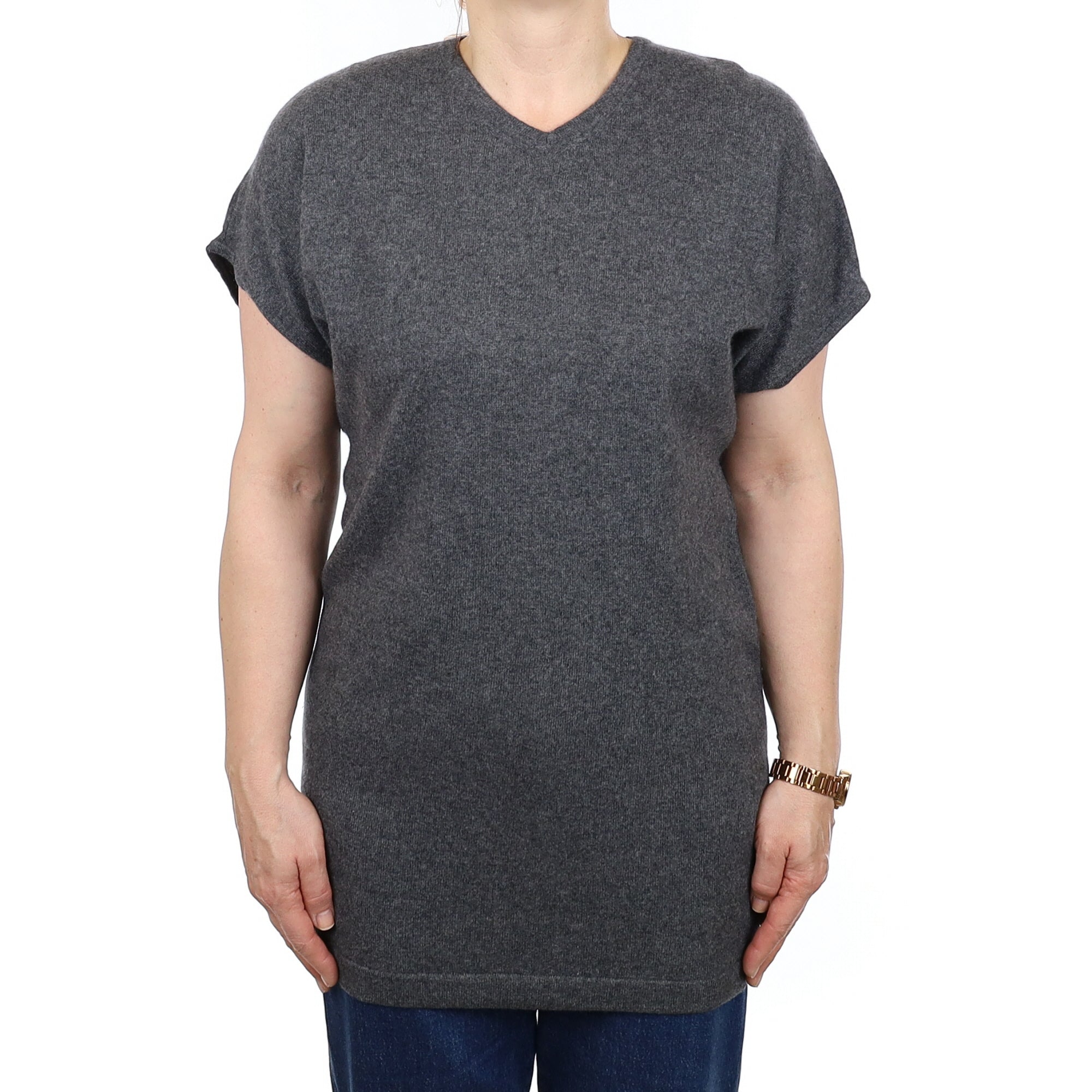 Slate Grey Cashmere Short Sleeve Batwing V Neck Tunic Medium