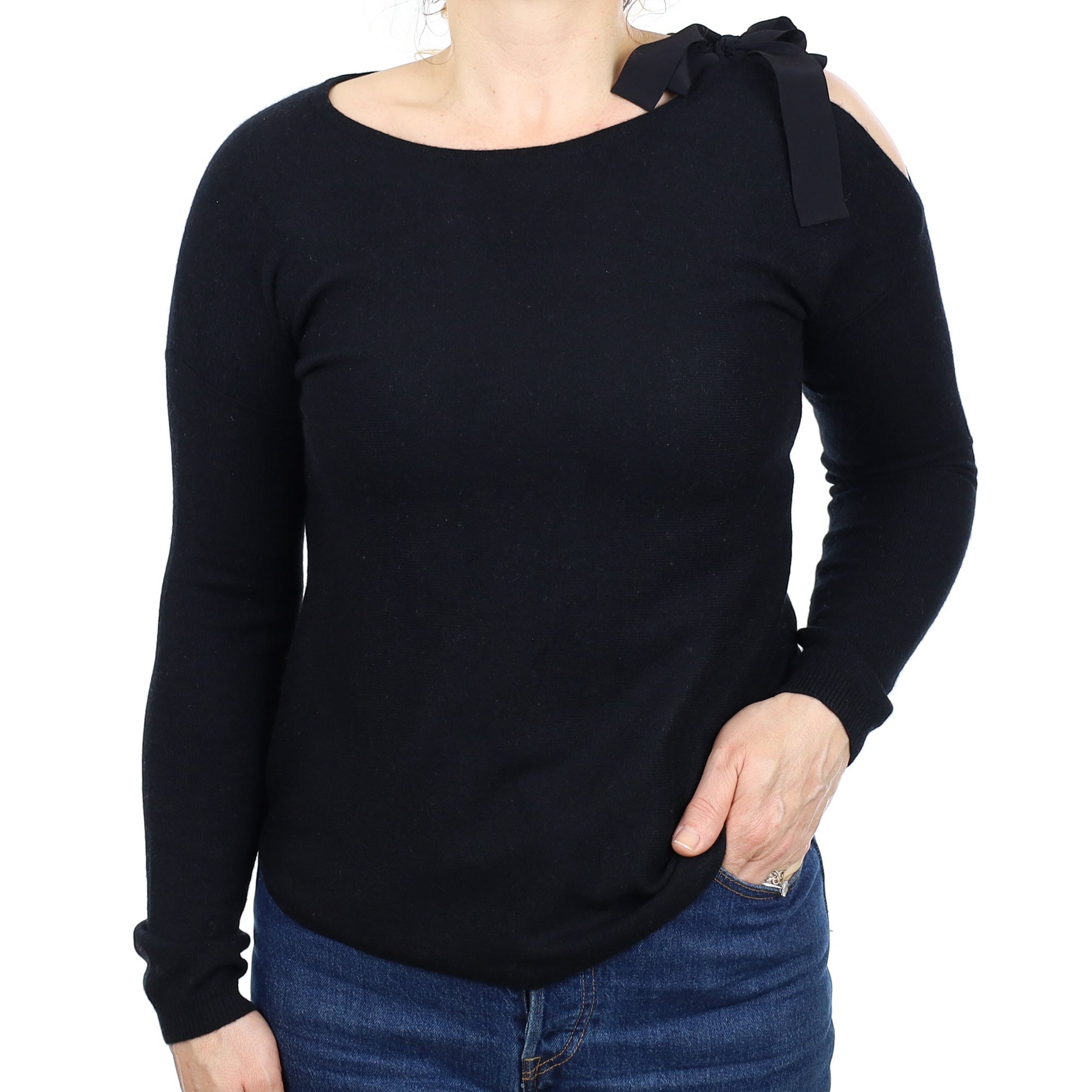 Black Cashmere Shoulders Tie Boat Neck Jumper Medium