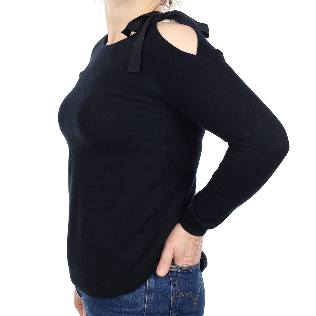 Black Cashmere Shoulders Tie Boat Neck Jumper Medium