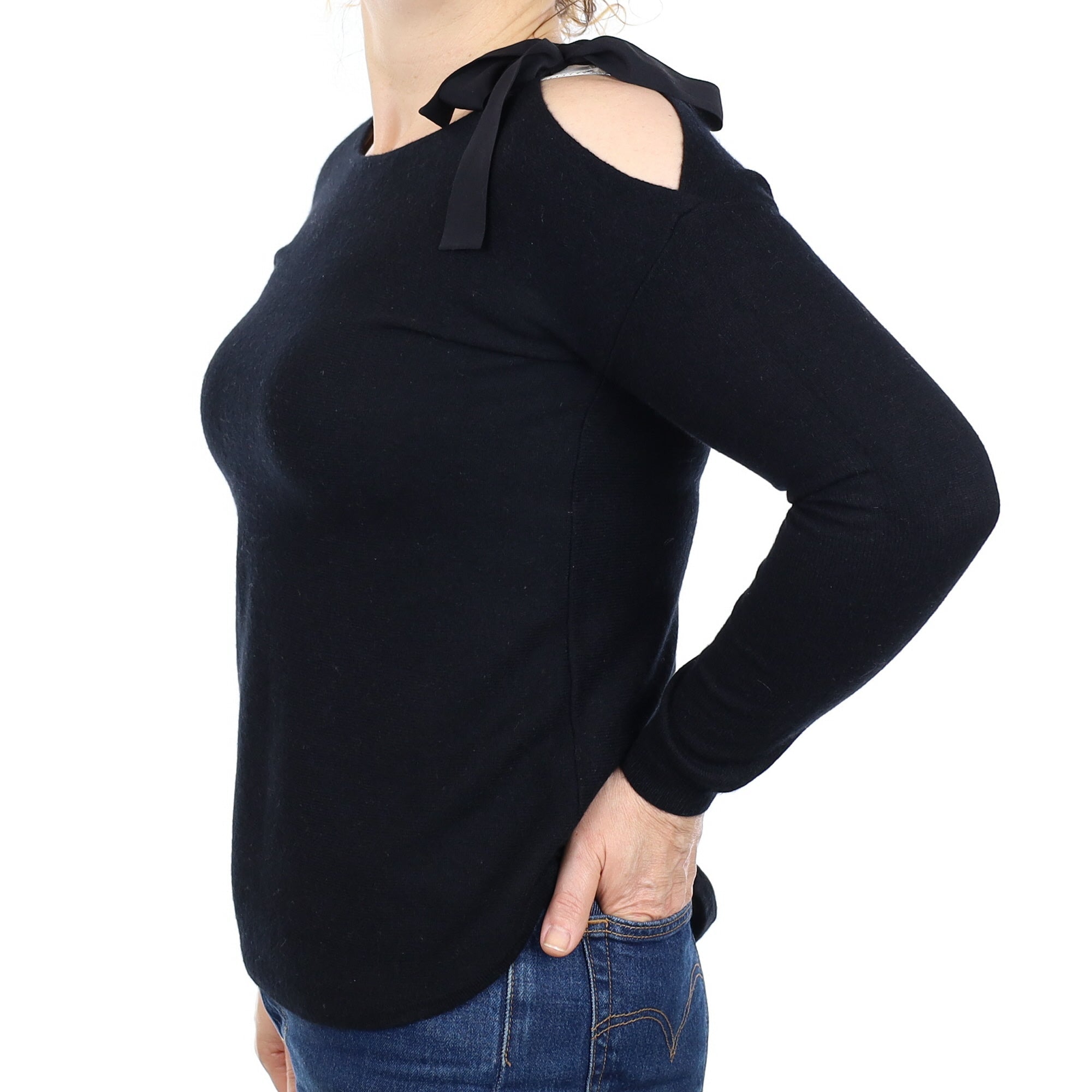 Black Cashmere Shoulders Tie Boat Neck Jumper Medium
