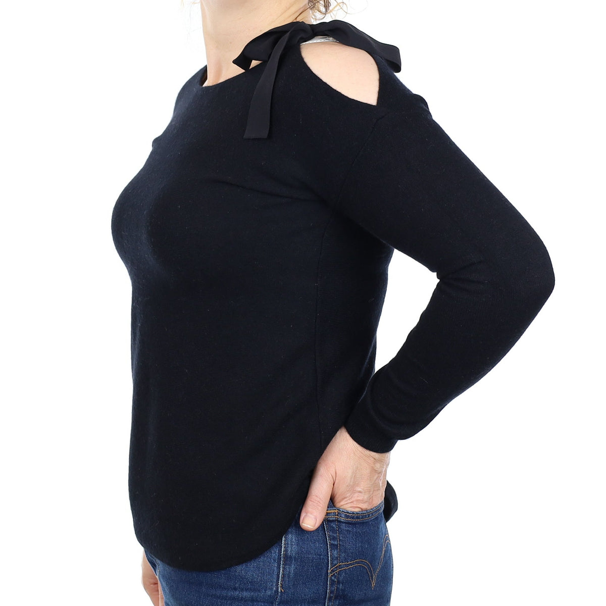 Black Cashmere Shoulders Tie Boat Neck Jumper Medium