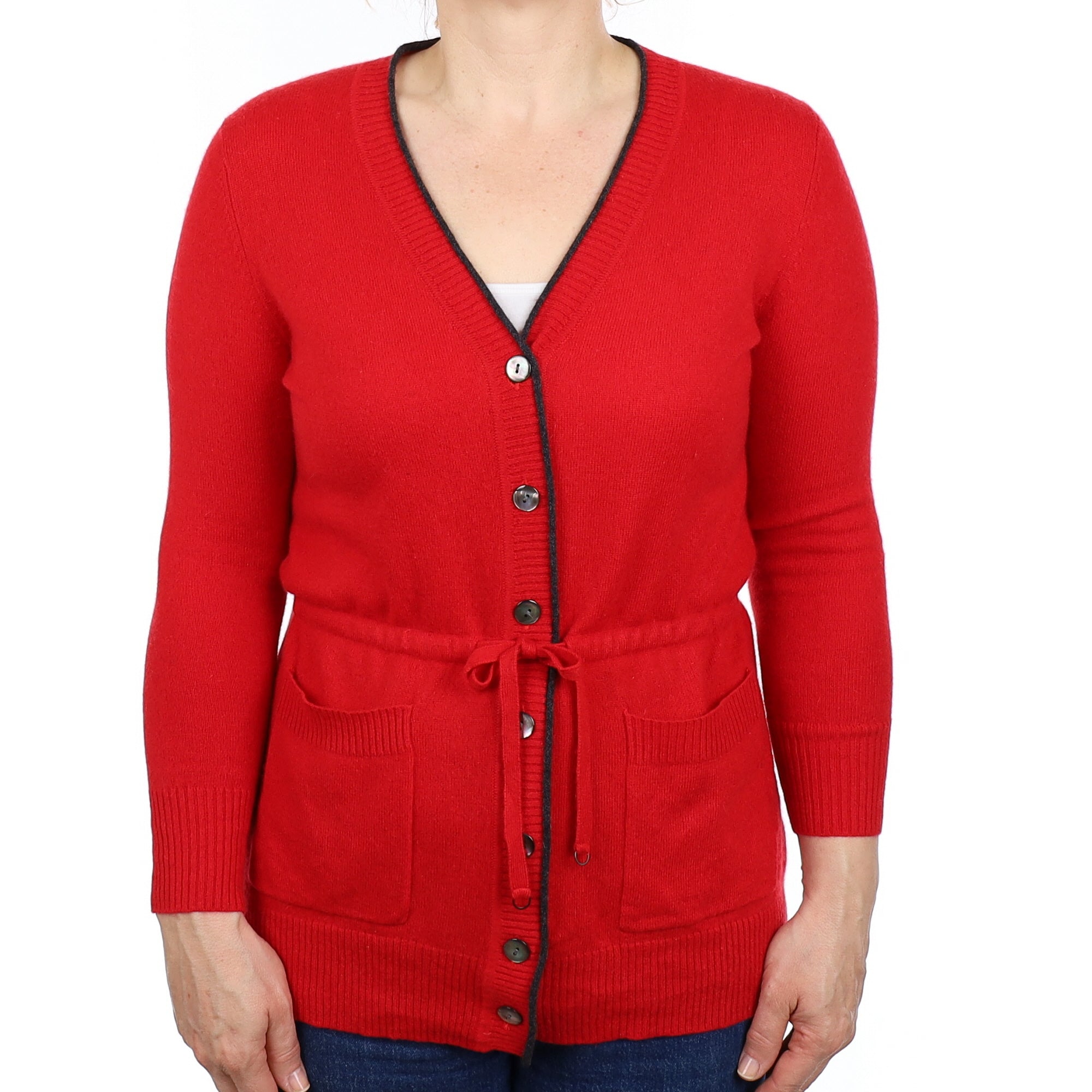 Spanish Red Cashmere Drawstring V Neck Cardigan with Pockets Medium