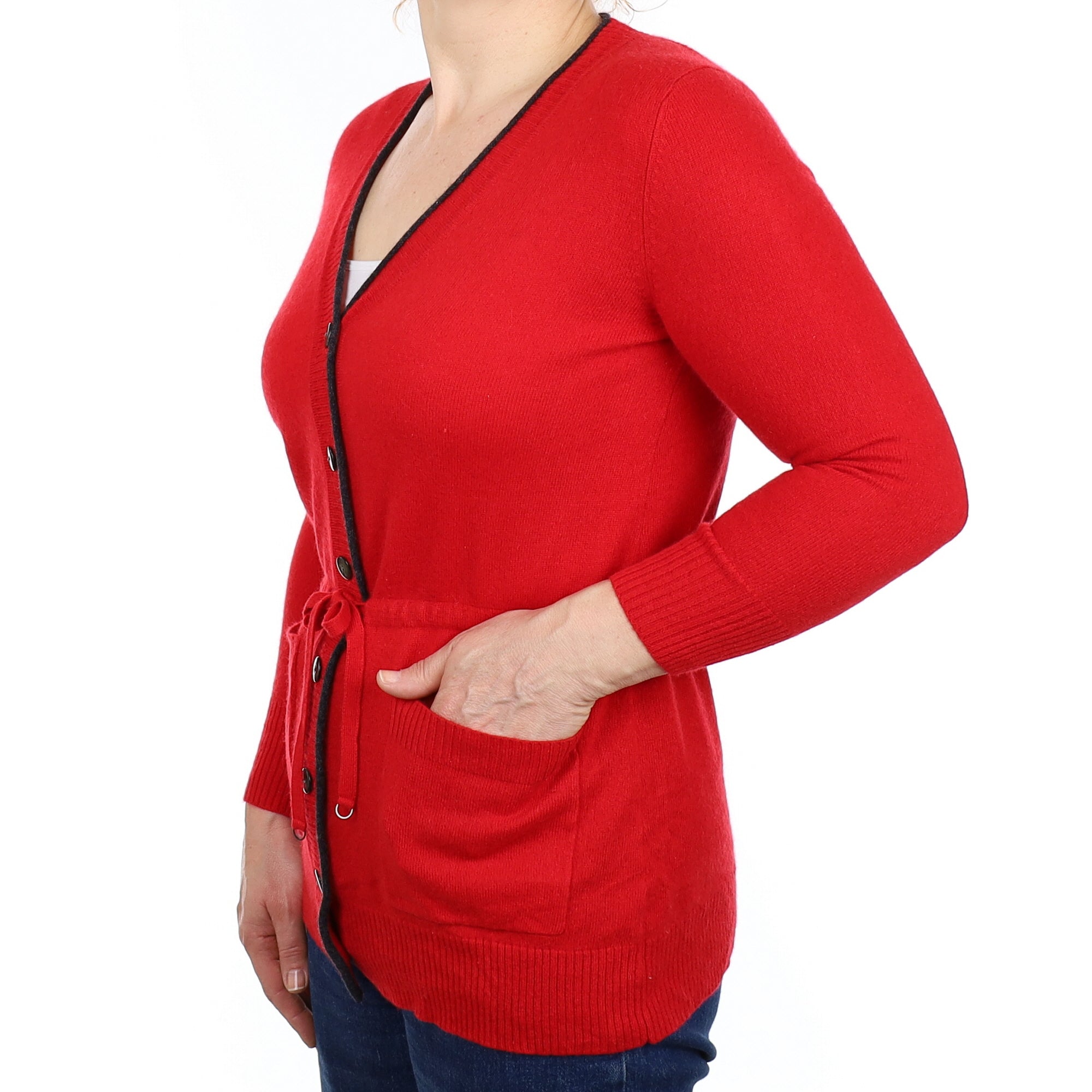 Spanish Red Cashmere Drawstring V Neck Cardigan with Pockets Medium