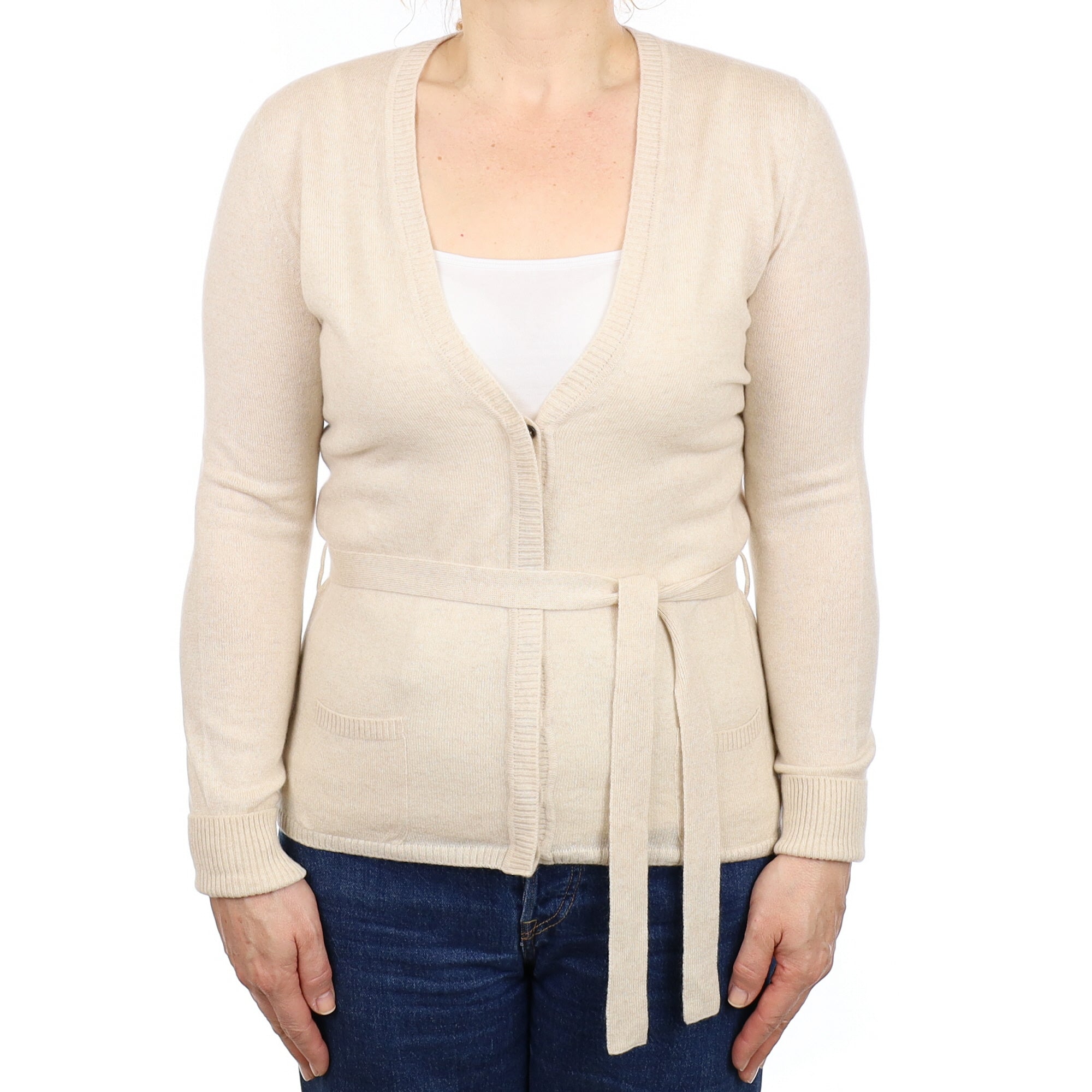Oatmeal Cashmere V Neck Cardigan with Belt Medium