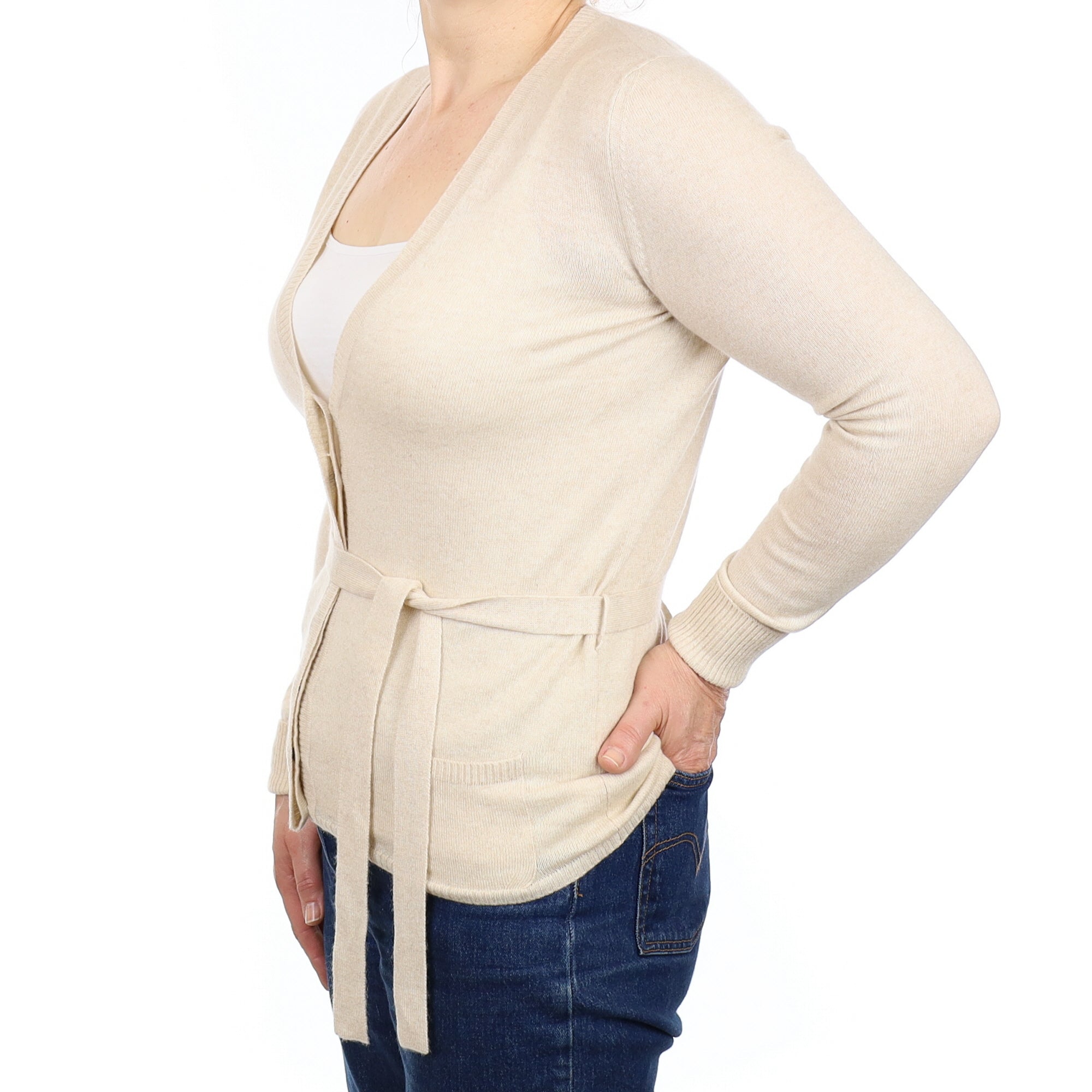 Oatmeal Cashmere V Neck Cardigan with Belt Medium