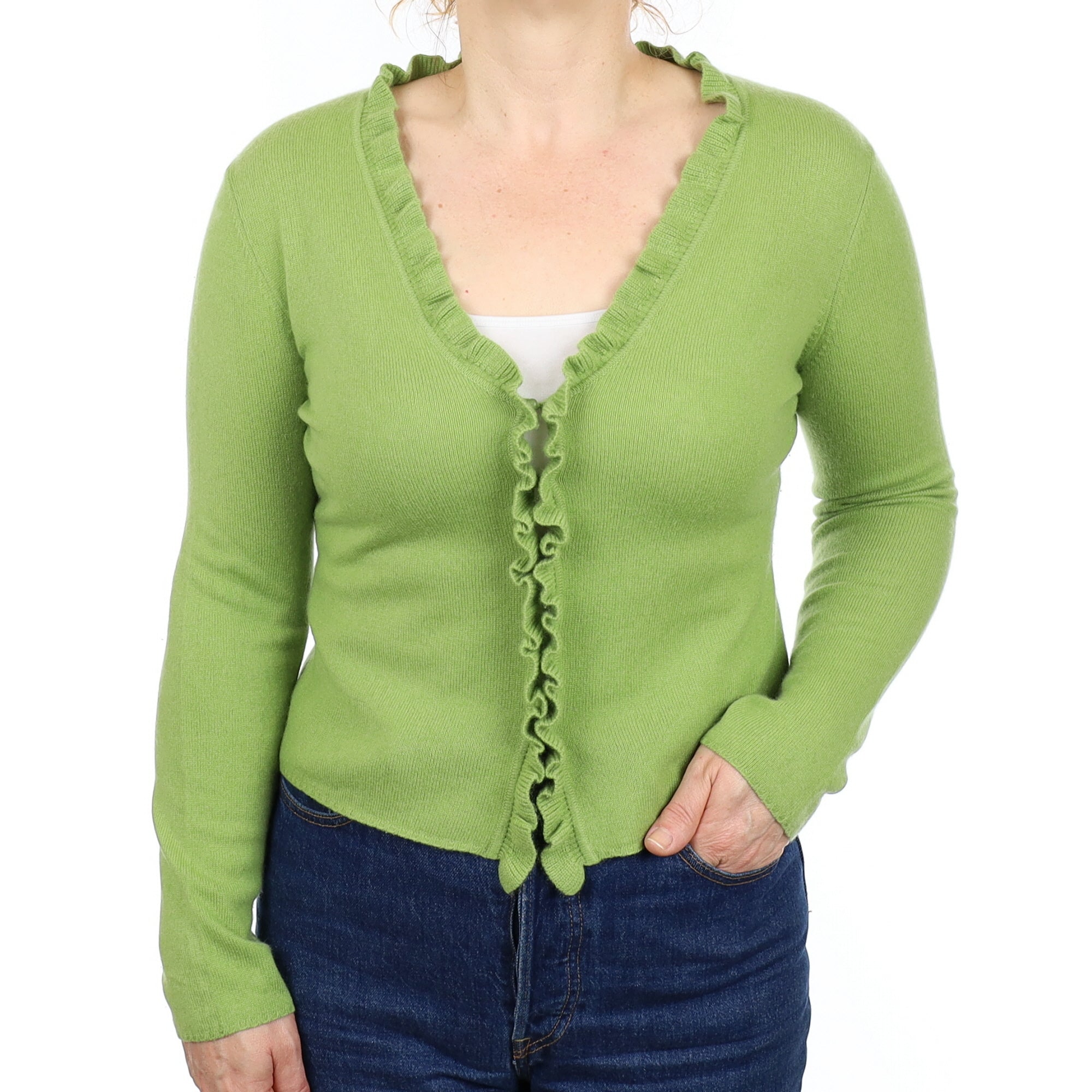 Pear Green Ruffle Edge Cashmere V Neck Cardigan Medium