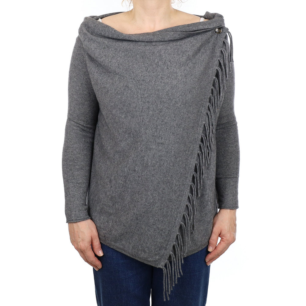 Slate Grey Cashmere Tassel Edged Wrap Style Cardigan Medium