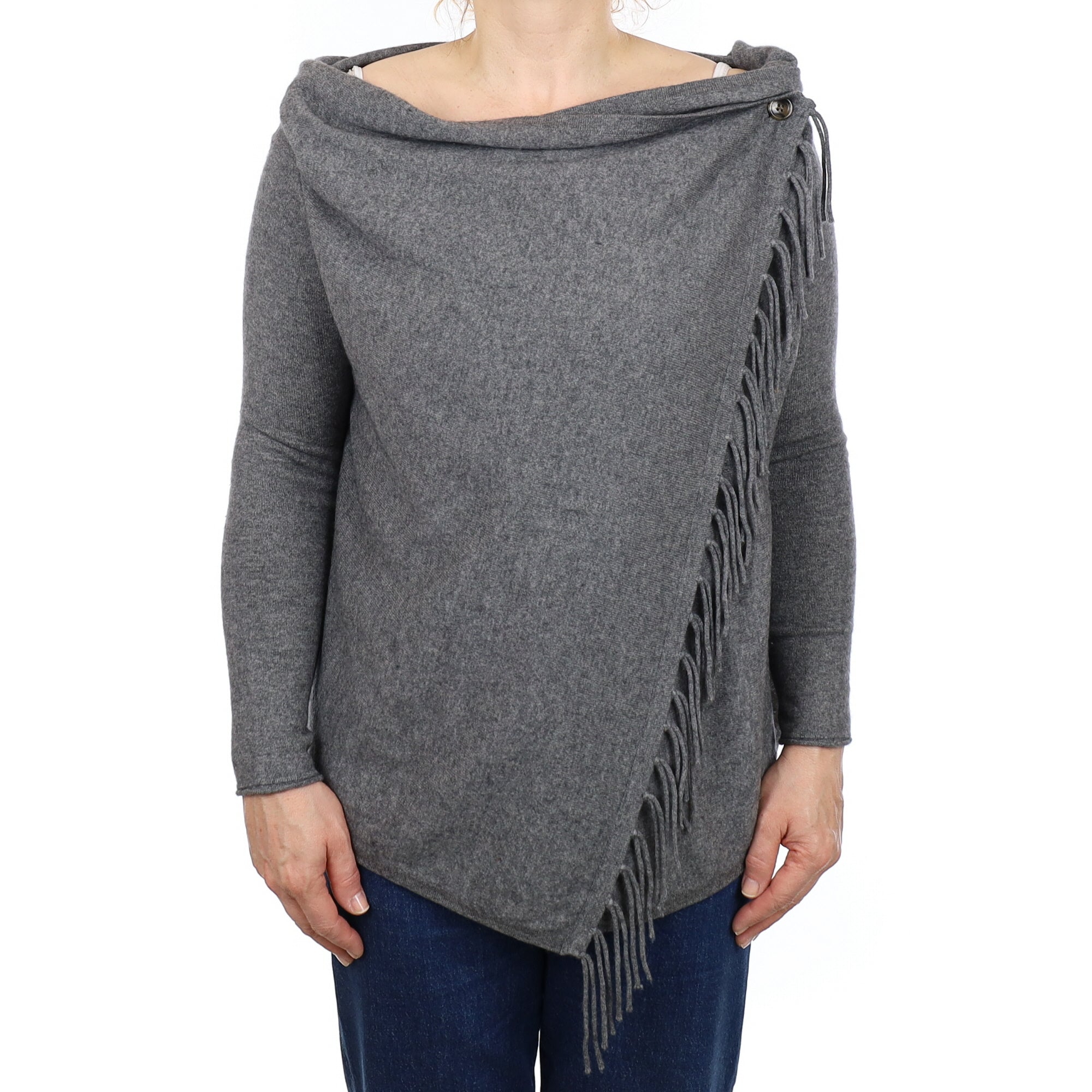 Slate Grey Cashmere Tassel Edged Wrap Style Cardigan Medium