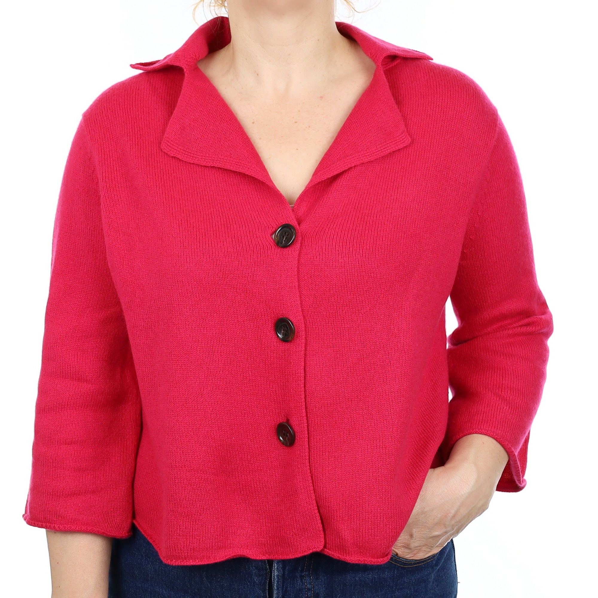 Cherry Pink Cashmere Swing Style Cardigan with Collar Medium