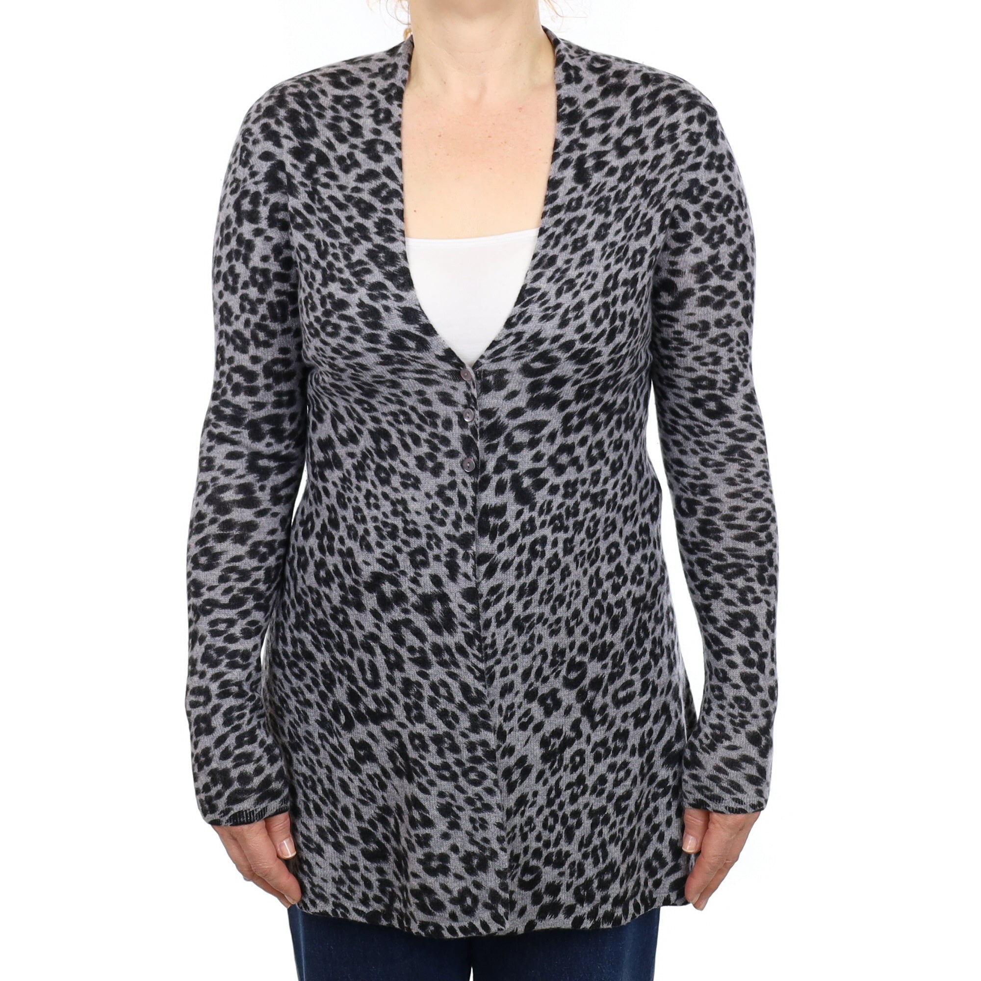 Grey Leopard Print Cashmere Longline  V Neck Cardigan Medium