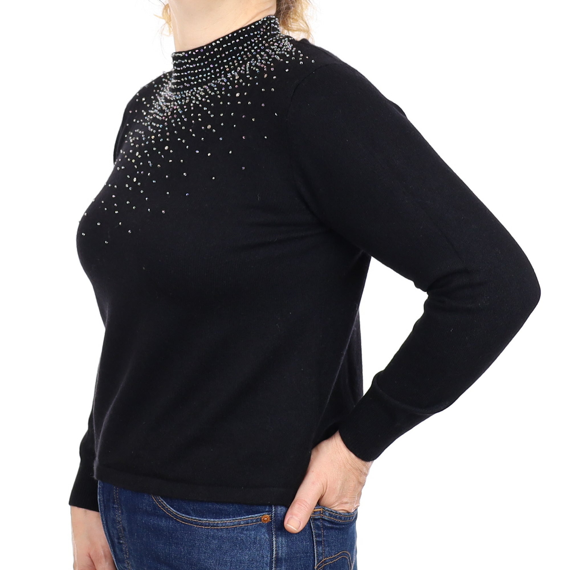 Black Beaded Cashmere Turtleneck Jumper Medium