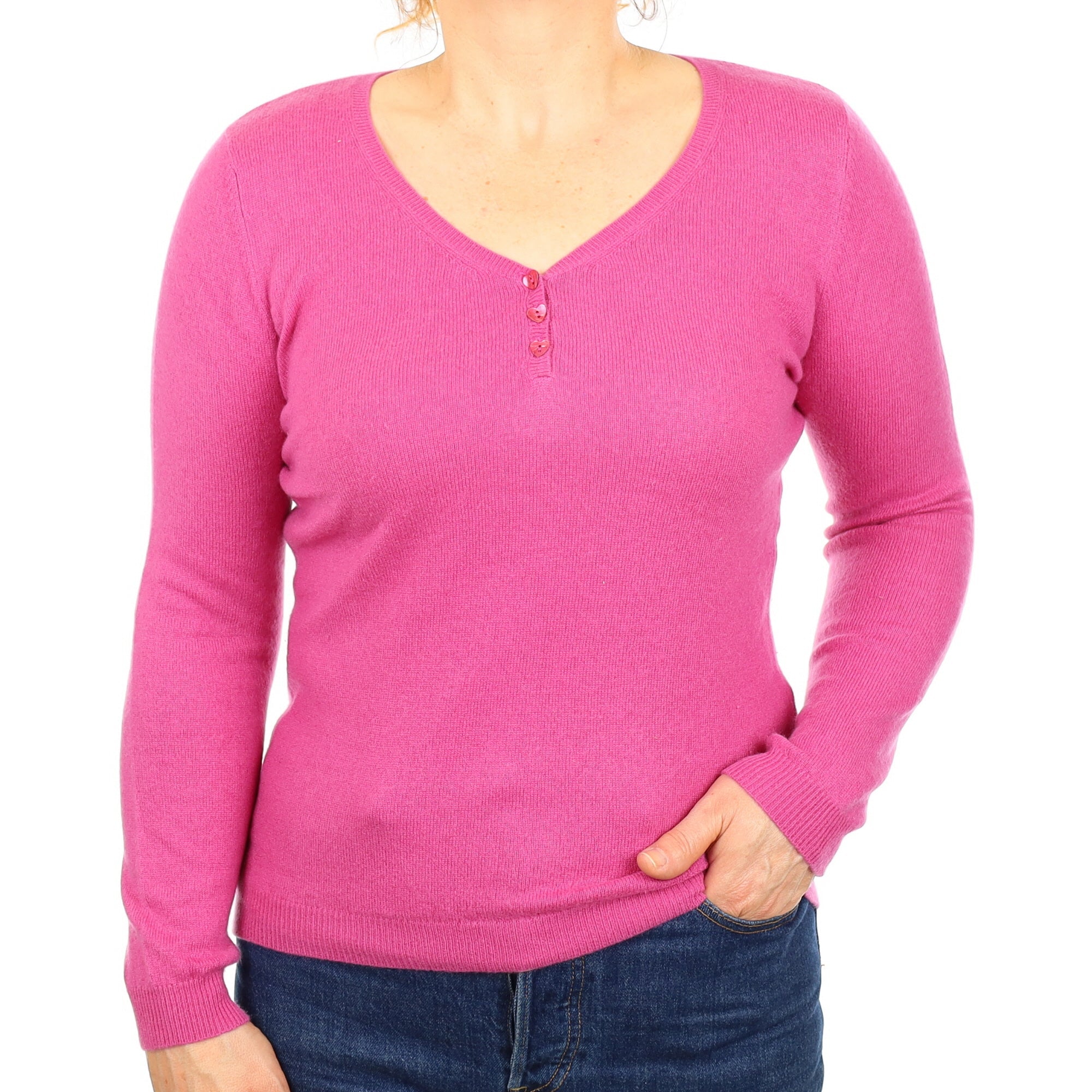 Fuchsia Pink Cashmere Buttoned V Neck Jumper Medium