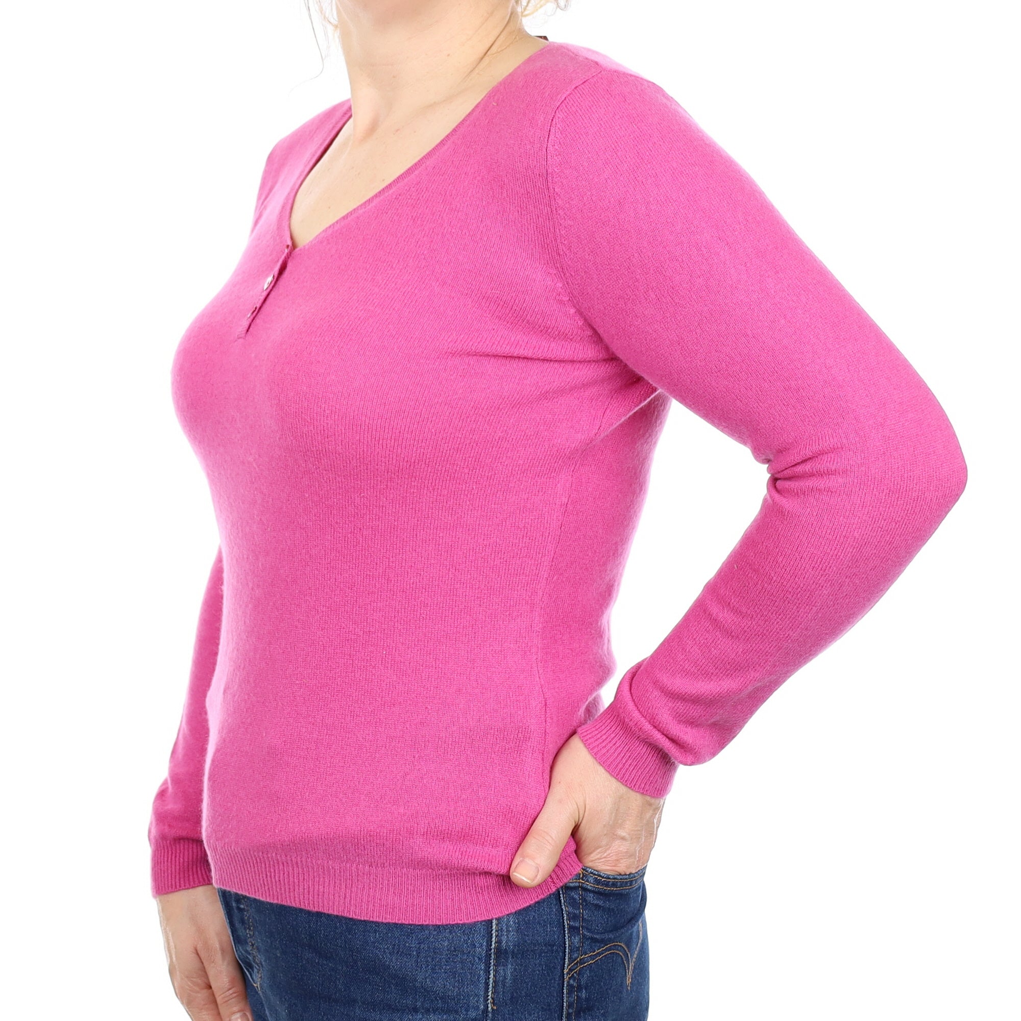 Fuchsia Pink Cashmere Buttoned V Neck Jumper Medium